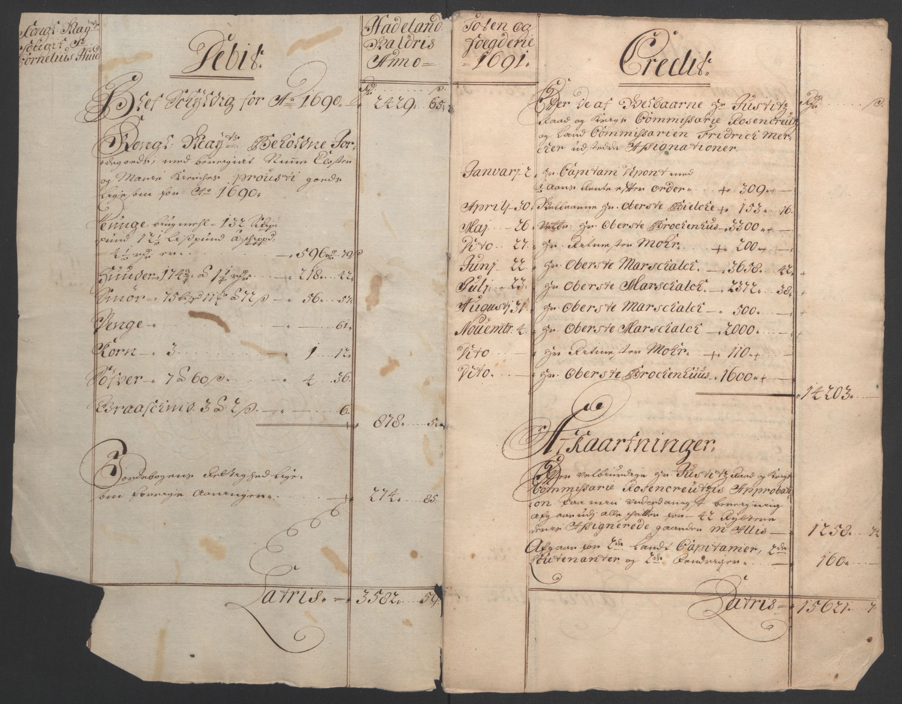 Rentekammeret inntil 1814, Reviderte regnskaper, Fogderegnskap, RA/EA-4092/R18/L1290: Fogderegnskap Hadeland, Toten og Valdres, 1691, p. 4