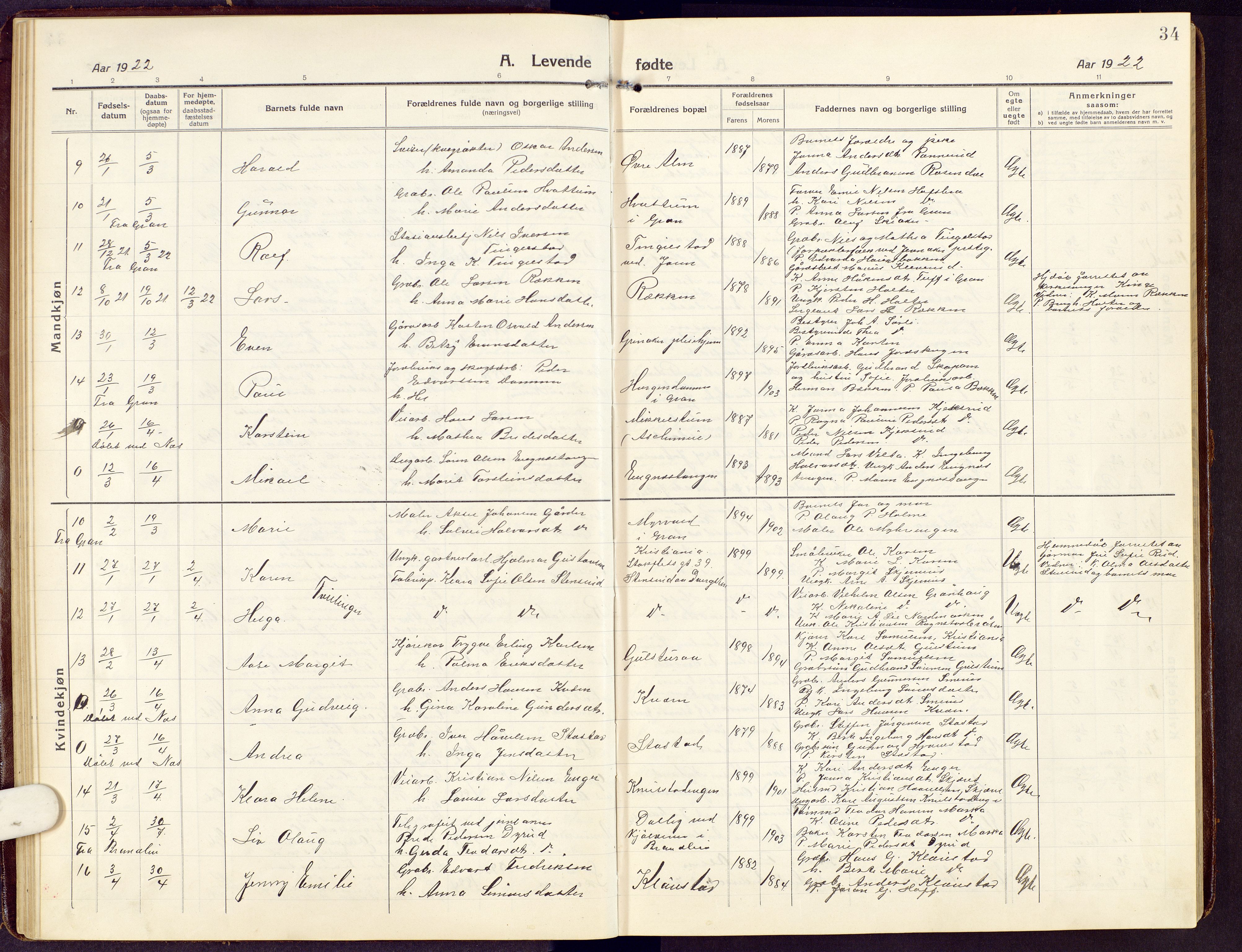 Brandbu prestekontor, SAH/PREST-114/H/Ha/Hab/L0010: Parish register (copy) no. 10, 1916-1930, p. 34
