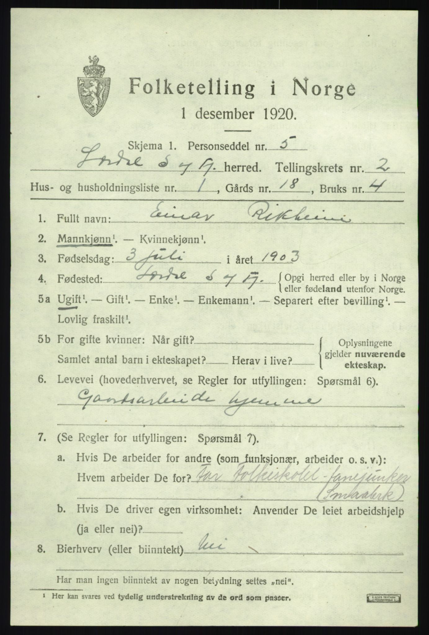 SAB, 1920 census for Lærdal, 1920, p. 1250