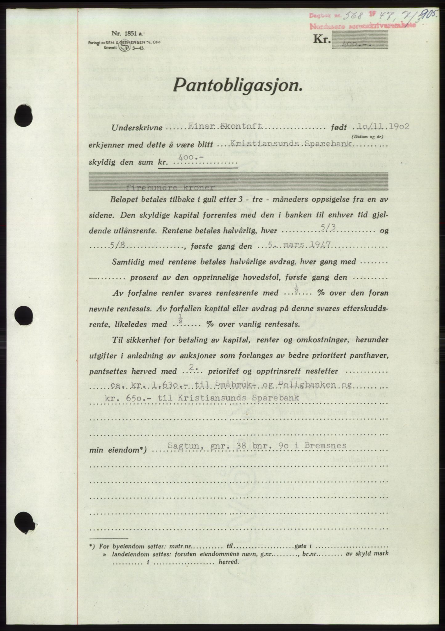 Nordmøre sorenskriveri, AV/SAT-A-4132/1/2/2Ca: Mortgage book no. B95, 1946-1947, Diary no: : 568/1947