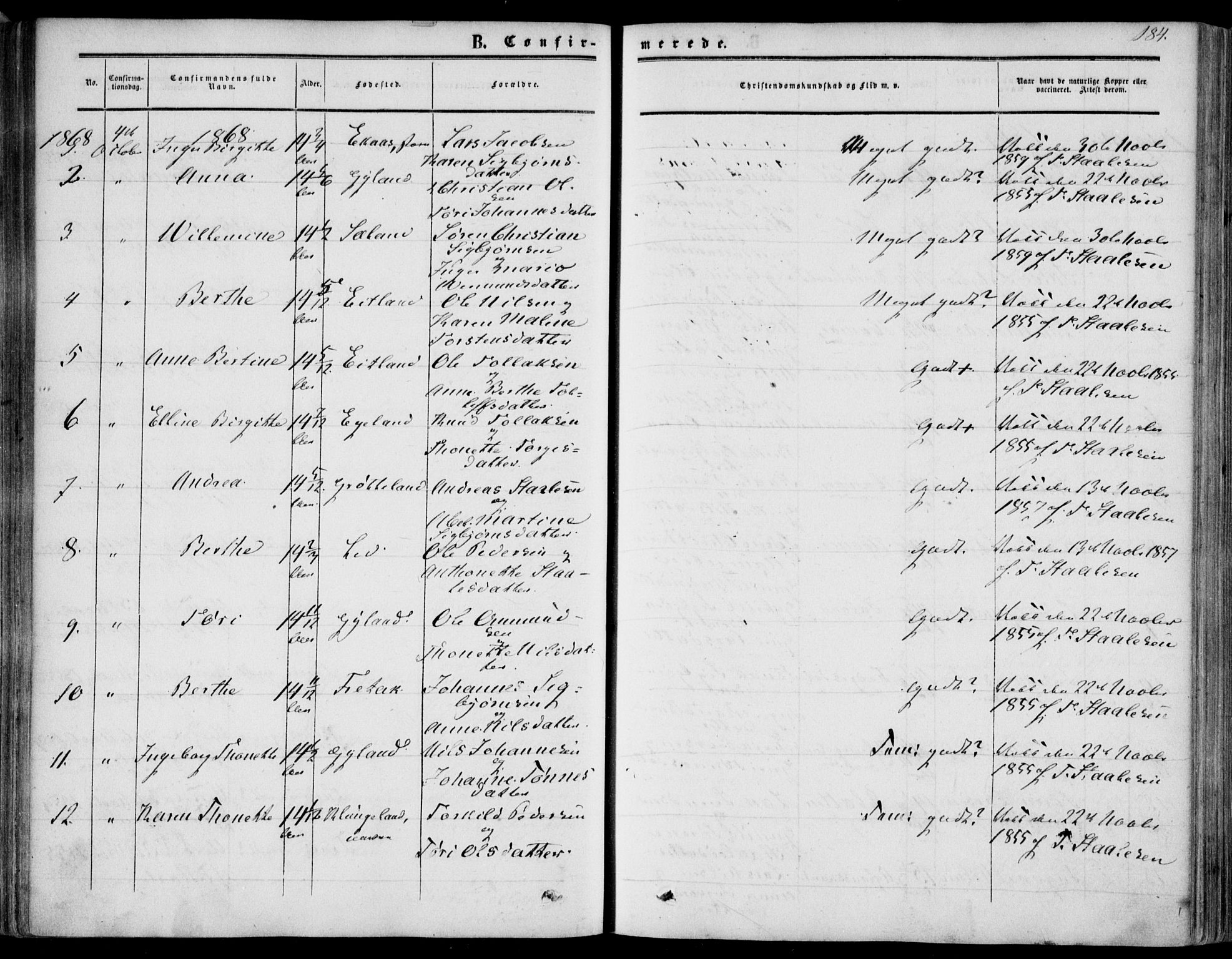 Bakke sokneprestkontor, AV/SAK-1111-0002/F/Fa/Fab/L0002: Parish register (official) no. A 2, 1855-1884, p. 184