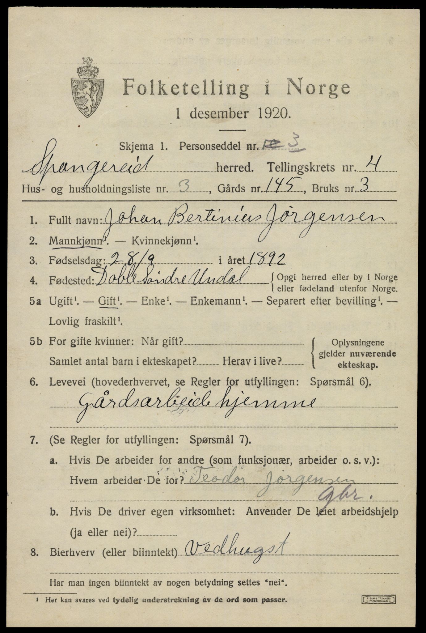 SAK, 1920 census for Spangereid, 1920, p. 1537