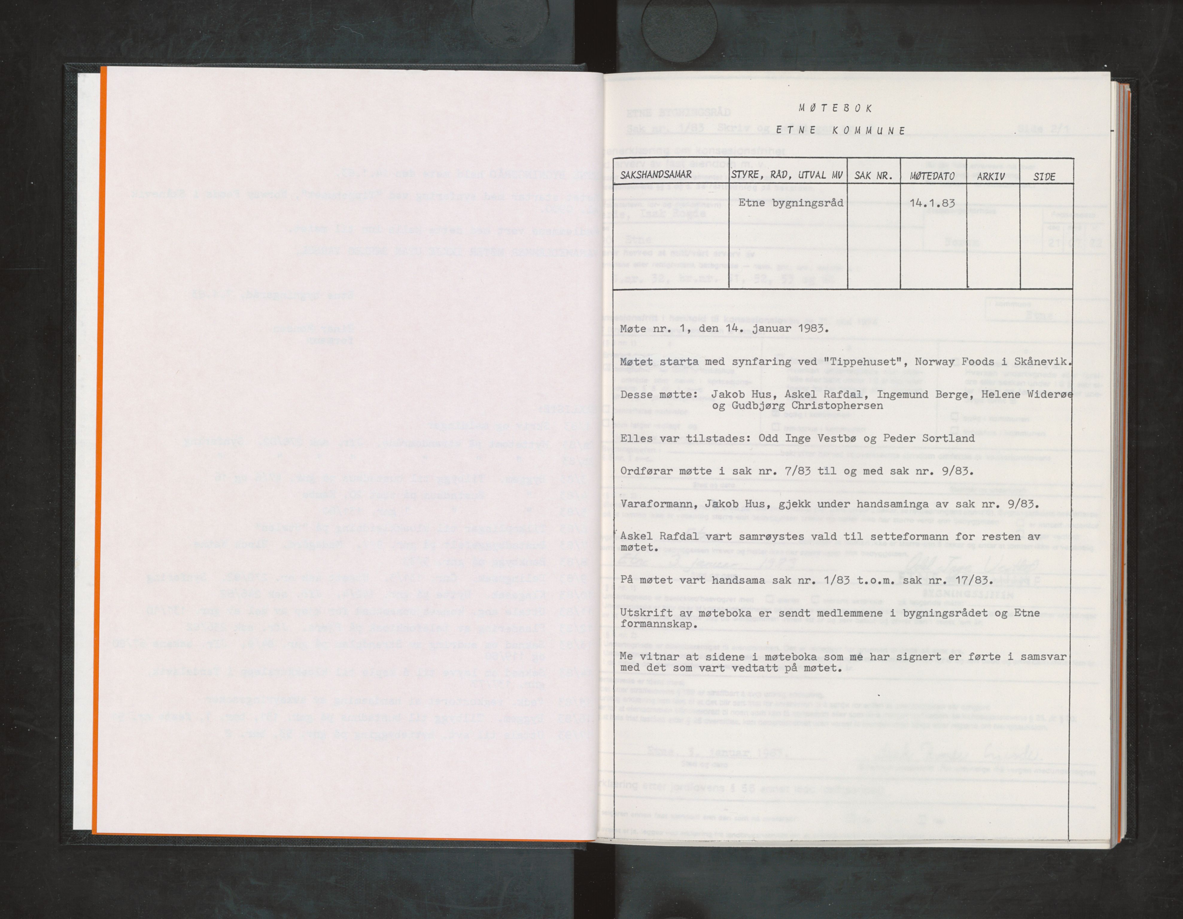 Etne kommune. Bygningsrådet, IKAH/1211-511/A/Aa/L0026: Møtebok Etne bygningsråd Ia, 1983