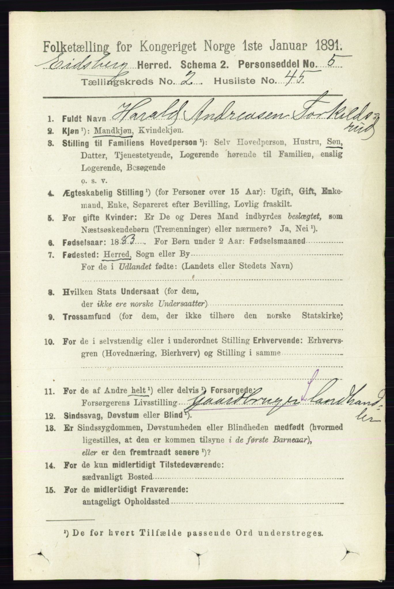 RA, 1891 census for 0125 Eidsberg, 1891, p. 1087