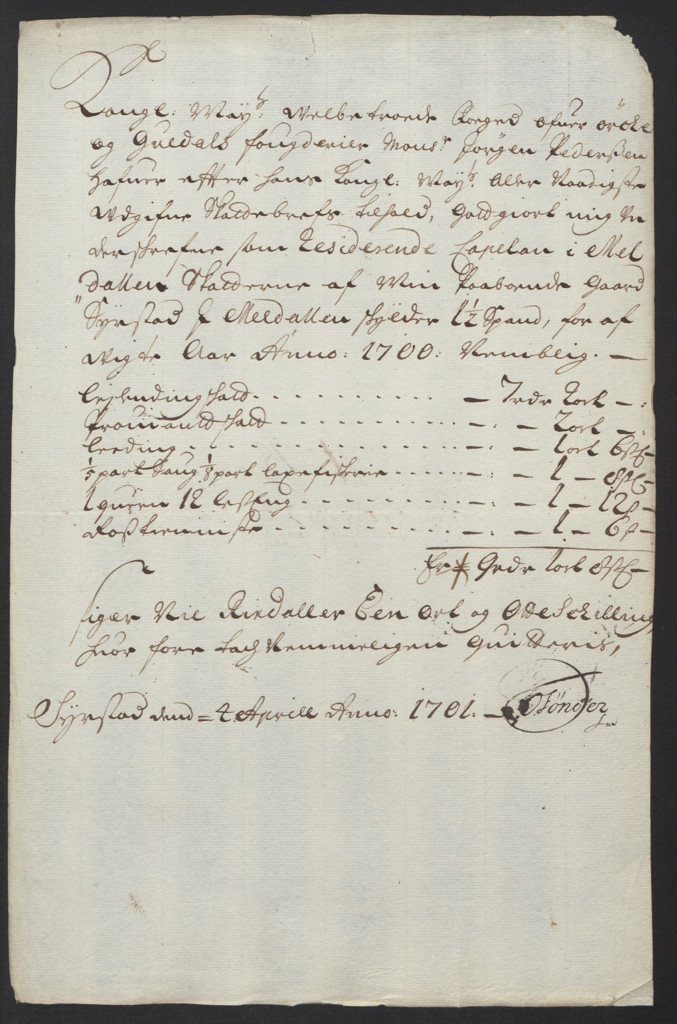 Rentekammeret inntil 1814, Reviderte regnskaper, Fogderegnskap, AV/RA-EA-4092/R60/L3950: Fogderegnskap Orkdal og Gauldal, 1700, p. 194