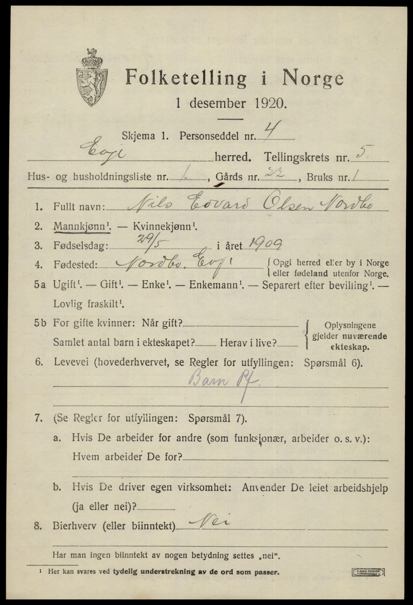 SAK, 1920 census for Evje, 1920, p. 1576