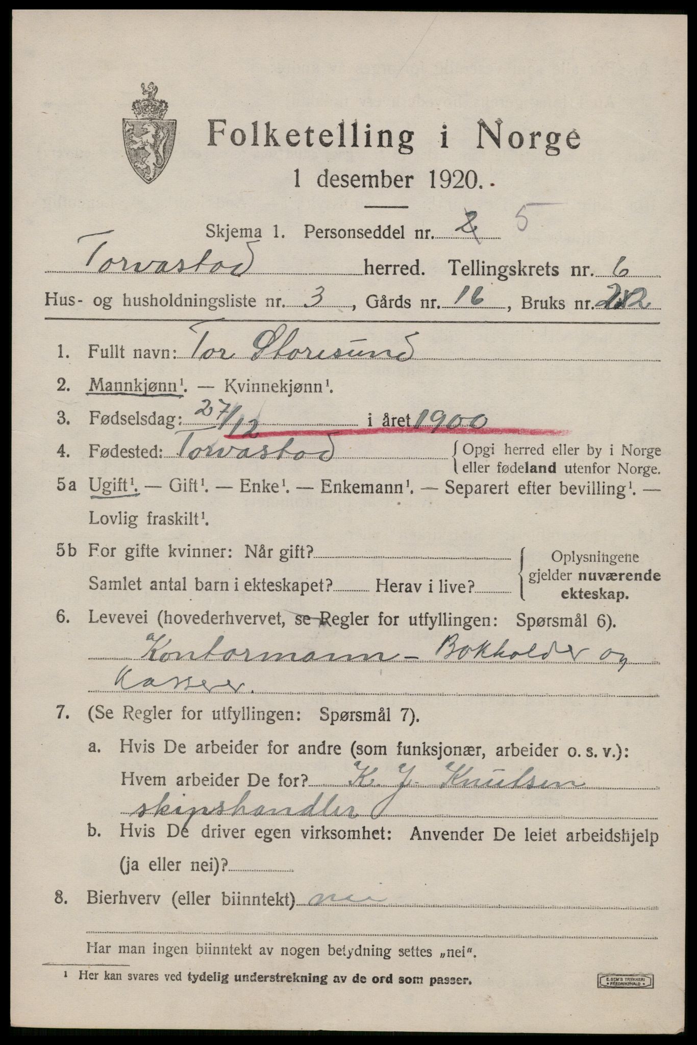 SAST, 1920 census for Torvastad, 1920, p. 4946