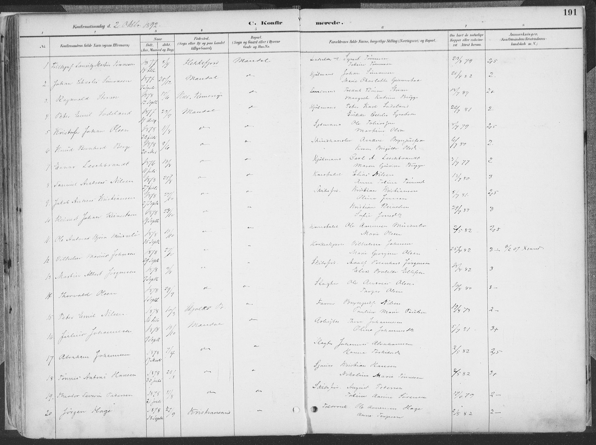 Mandal sokneprestkontor, AV/SAK-1111-0030/F/Fa/Faa/L0018: Parish register (official) no. A 18, 1890-1905, p. 191