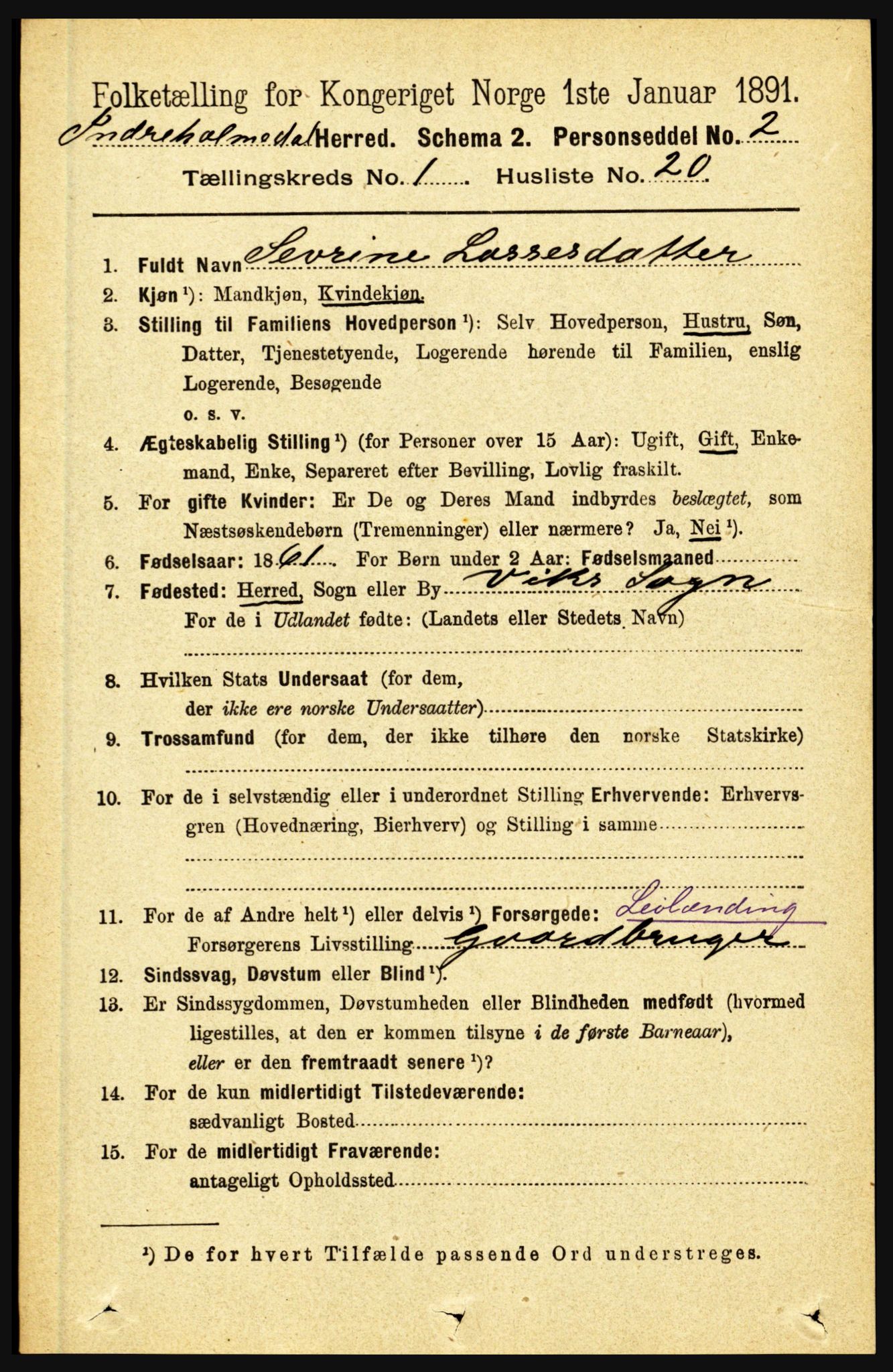 RA, 1891 census for 1430 Indre Holmedal, 1891, p. 208