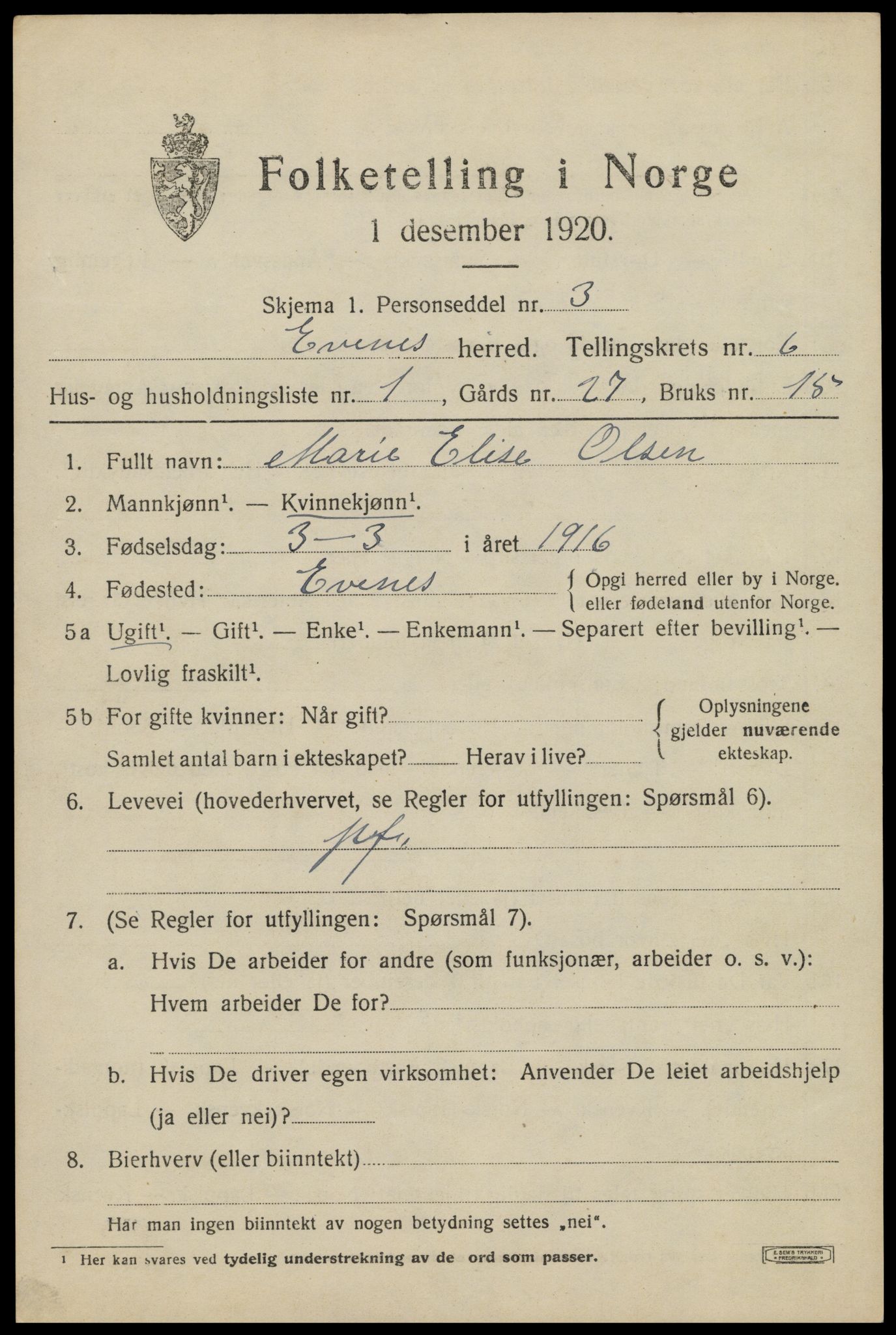 SAT, 1920 census for Evenes, 1920, p. 5454