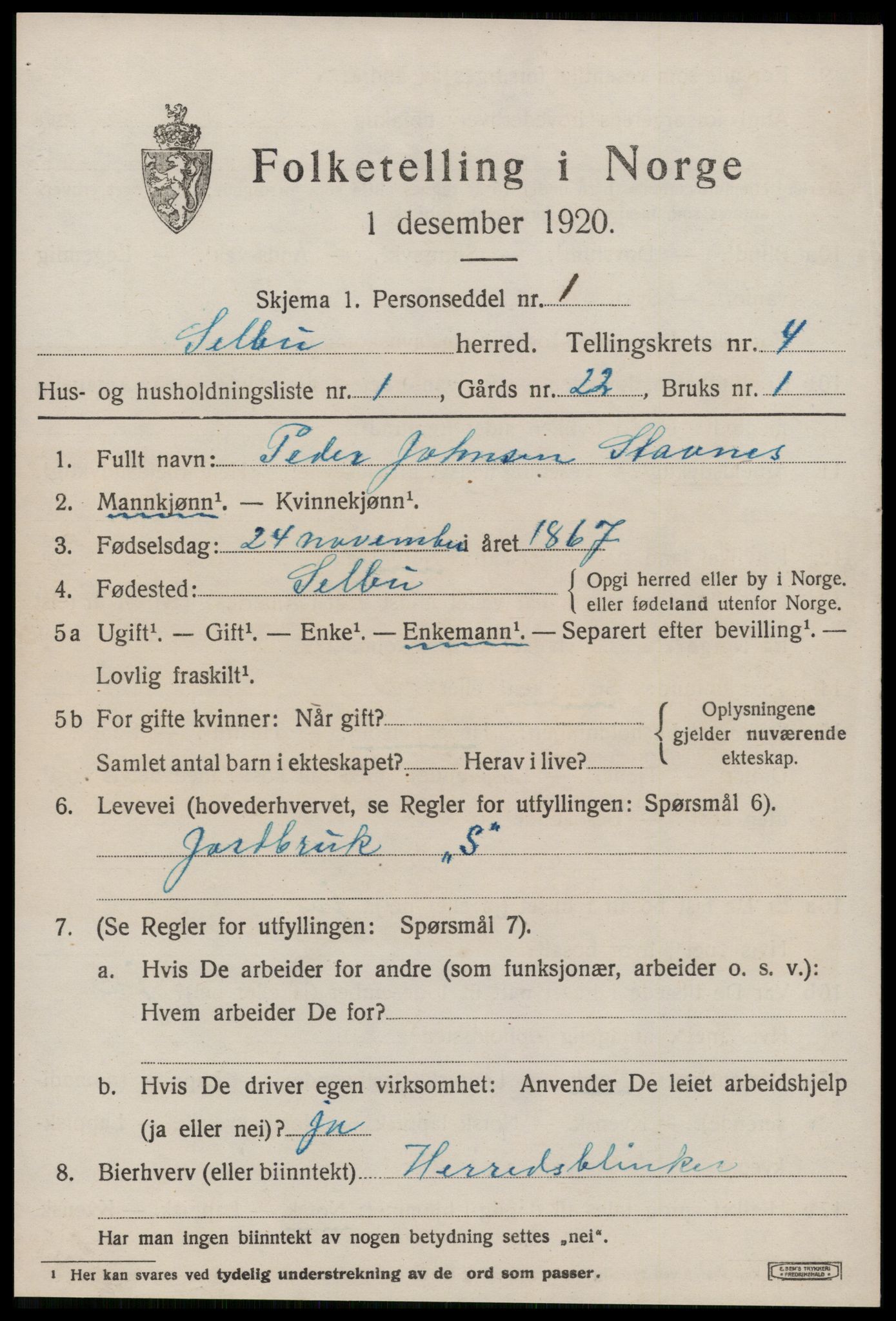 SAT, 1920 census for Selbu, 1920, p. 2766