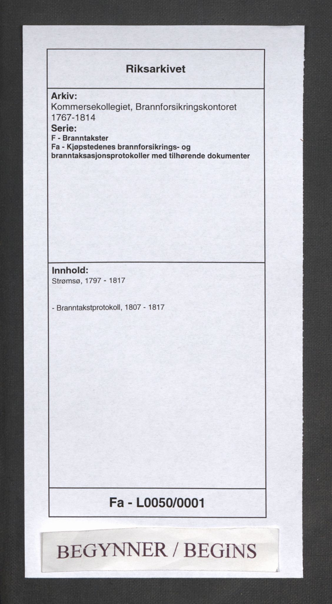 Kommersekollegiet, Brannforsikringskontoret 1767-1814, AV/RA-EA-5458/F/Fa/L0050/0001: Strømsø / Branntakstprotokoll, 1807-1817