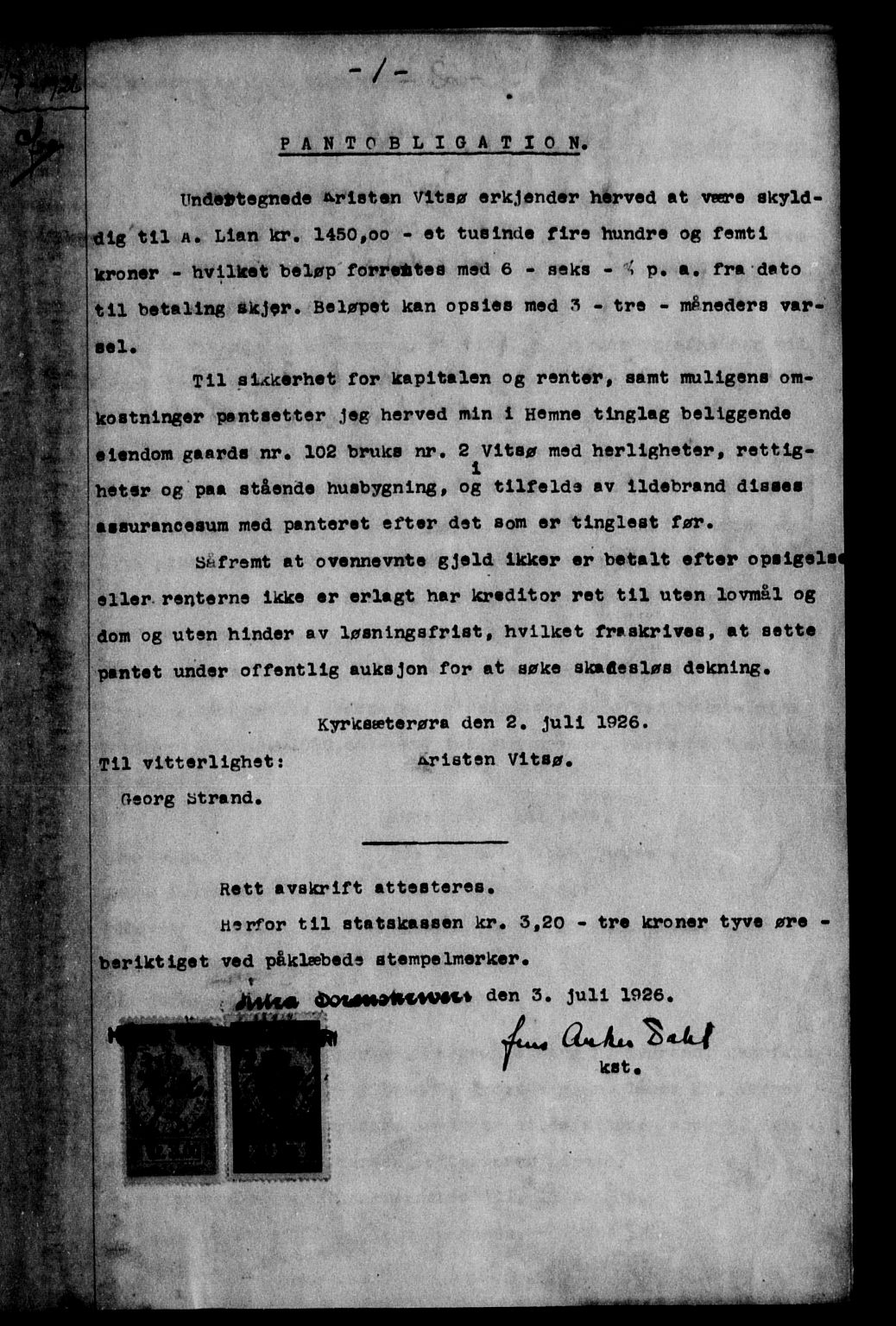 Hitra sorenskriveri, AV/SAT-A-0018/2/2C/2Ca/L0007: Mortgage book no. 7, 1926-1927, p. 0-1