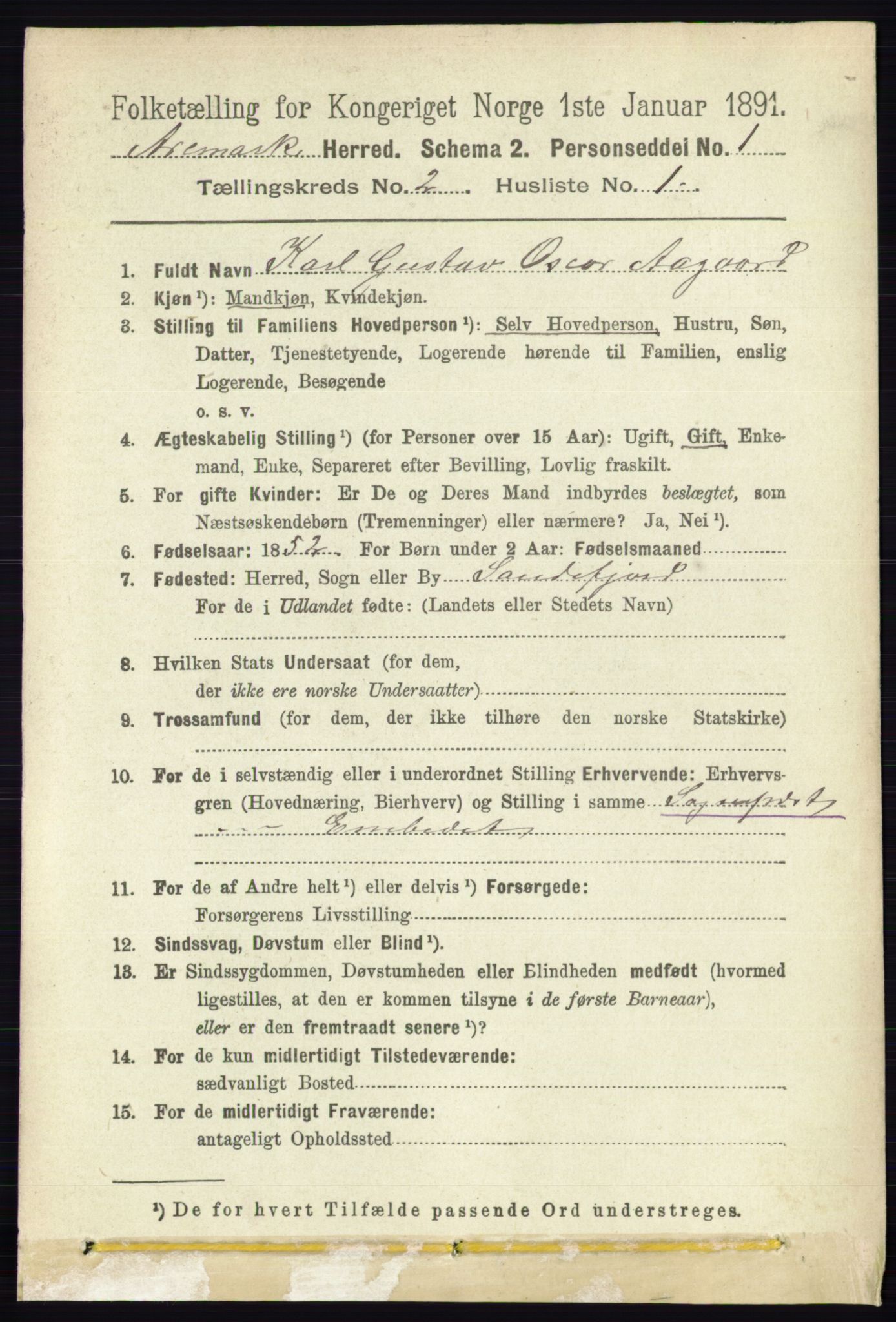 RA, 1891 census for 0118 Aremark, 1891, p. 870