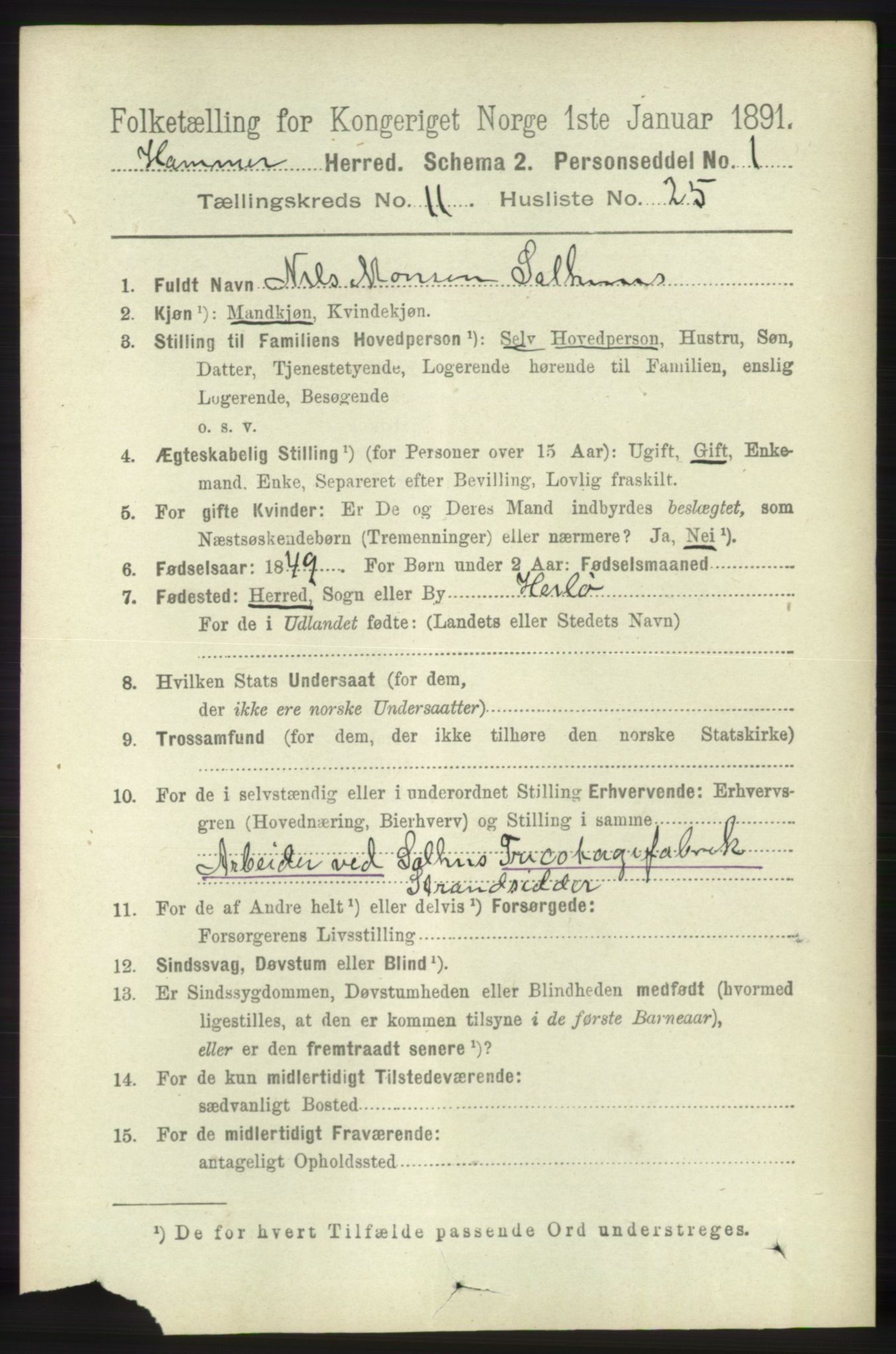 RA, 1891 census for 1254 Hamre, 1891, p. 3400