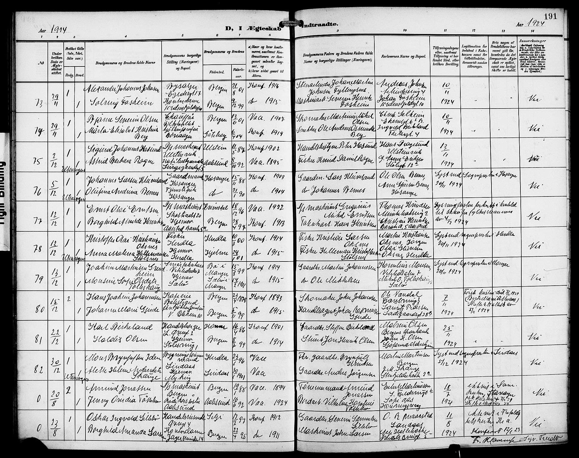 Korskirken sokneprestembete, AV/SAB-A-76101/H/Hab: Parish register (copy) no. D 4, 1906-1925, p. 191
