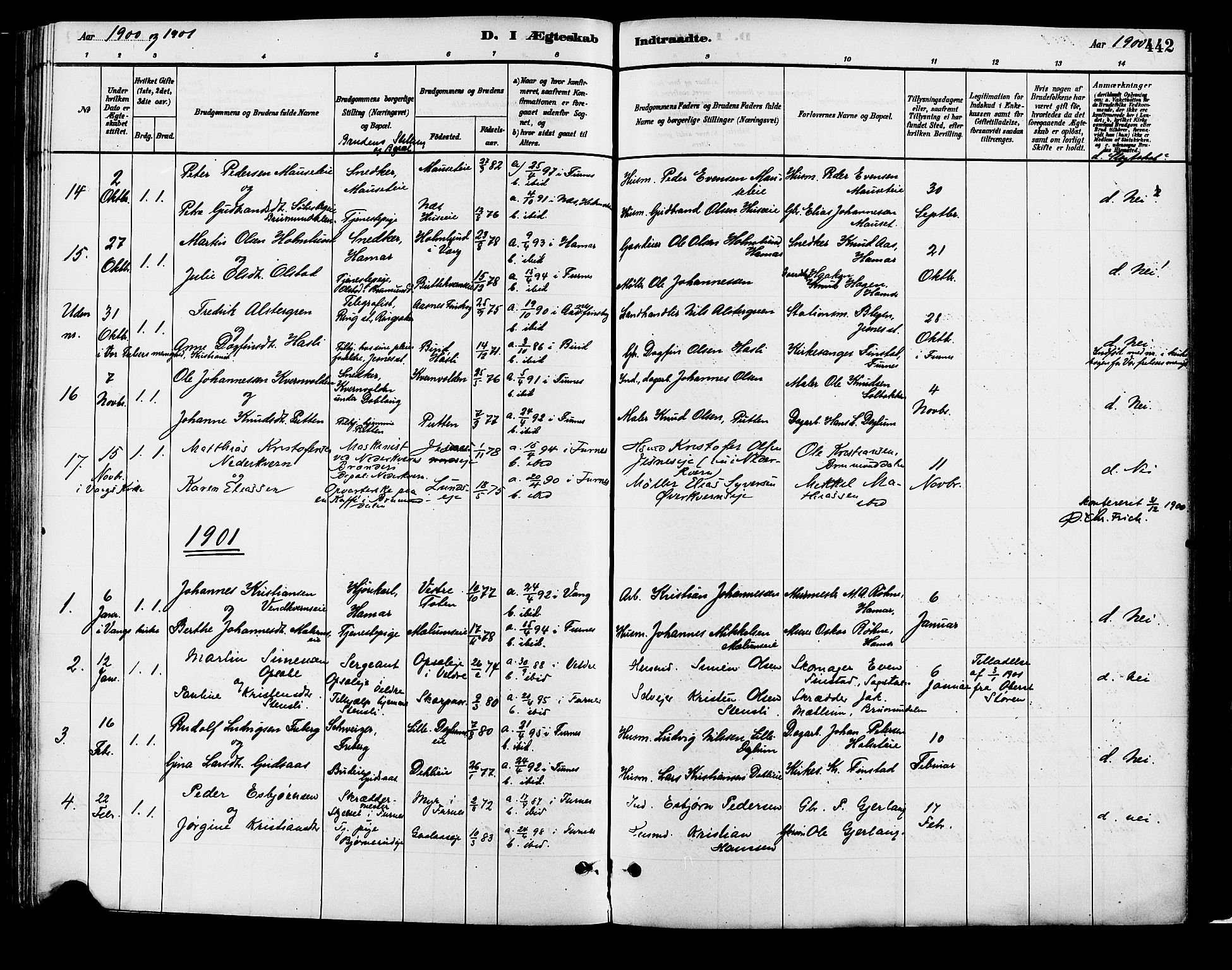 Vang prestekontor, Hedmark, SAH/PREST-008/H/Ha/Haa/L0018B: Parish register (official) no. 18B, 1880-1906, p. 442