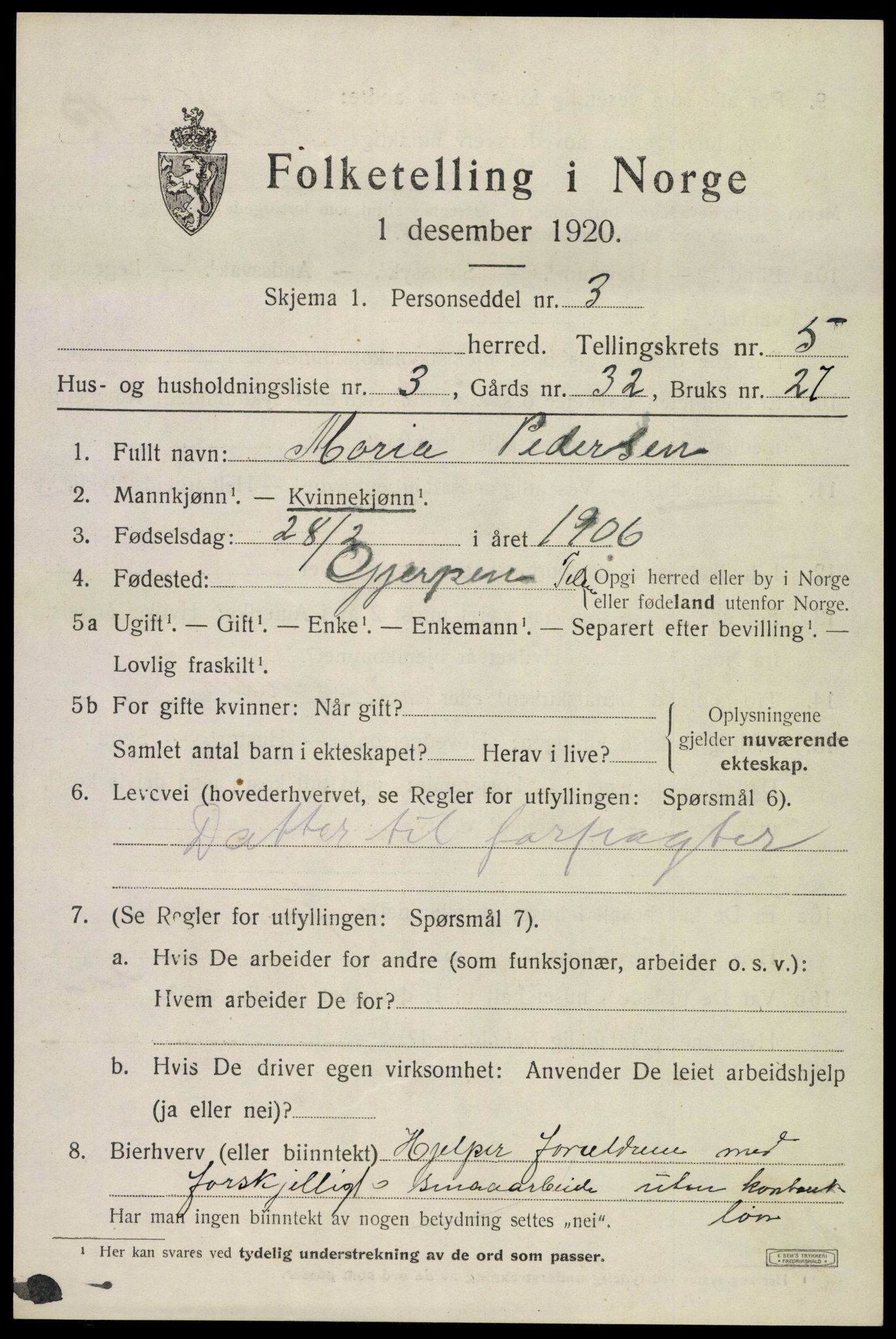 SAKO, 1920 census for Bø (Telemark), 1920, p. 3622