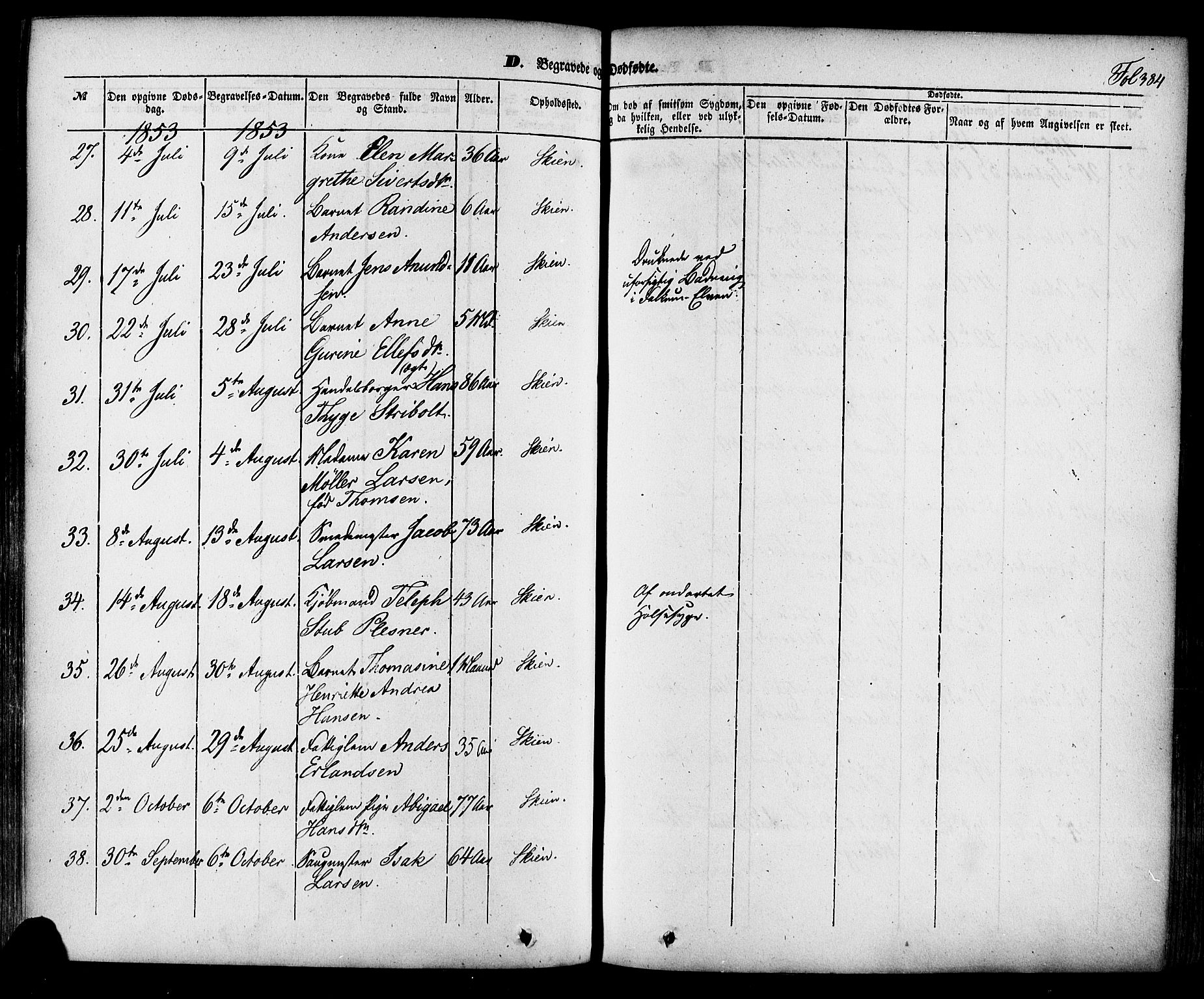 Skien kirkebøker, AV/SAKO-A-302/F/Fa/L0006a: Parish register (official) no. 6A, 1843-1856, p. 384