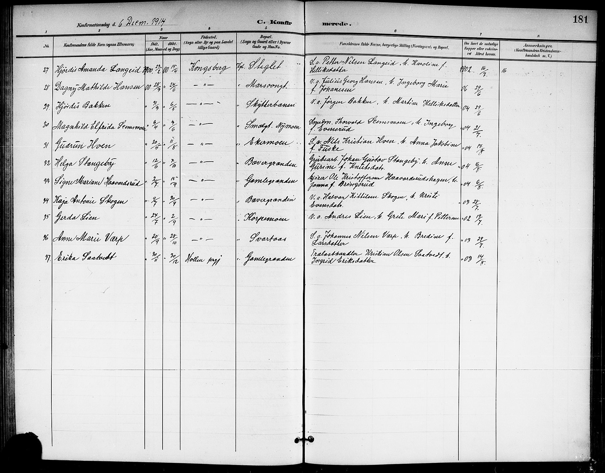 Kongsberg kirkebøker, AV/SAKO-A-22/G/Ga/L0007: Parish register (copy) no. 7, 1901-1915, p. 181