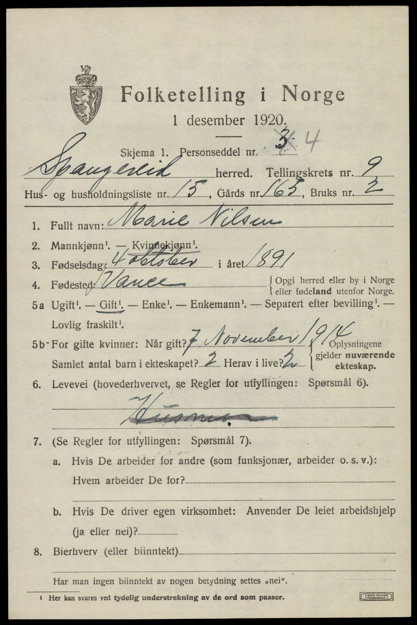 SAK, 1920 census for Spangereid, 1920, p. 3307