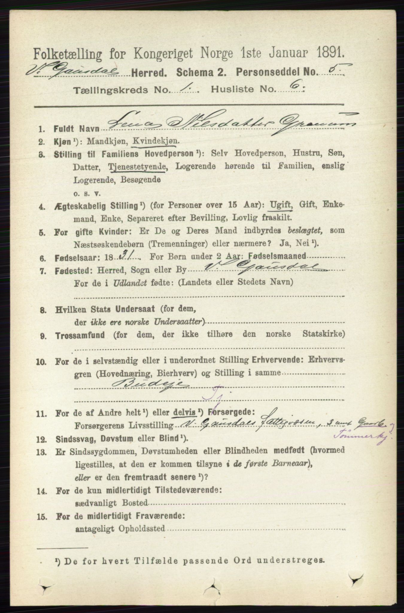 RA, 1891 census for 0523 Vestre Gausdal, 1891, p. 109