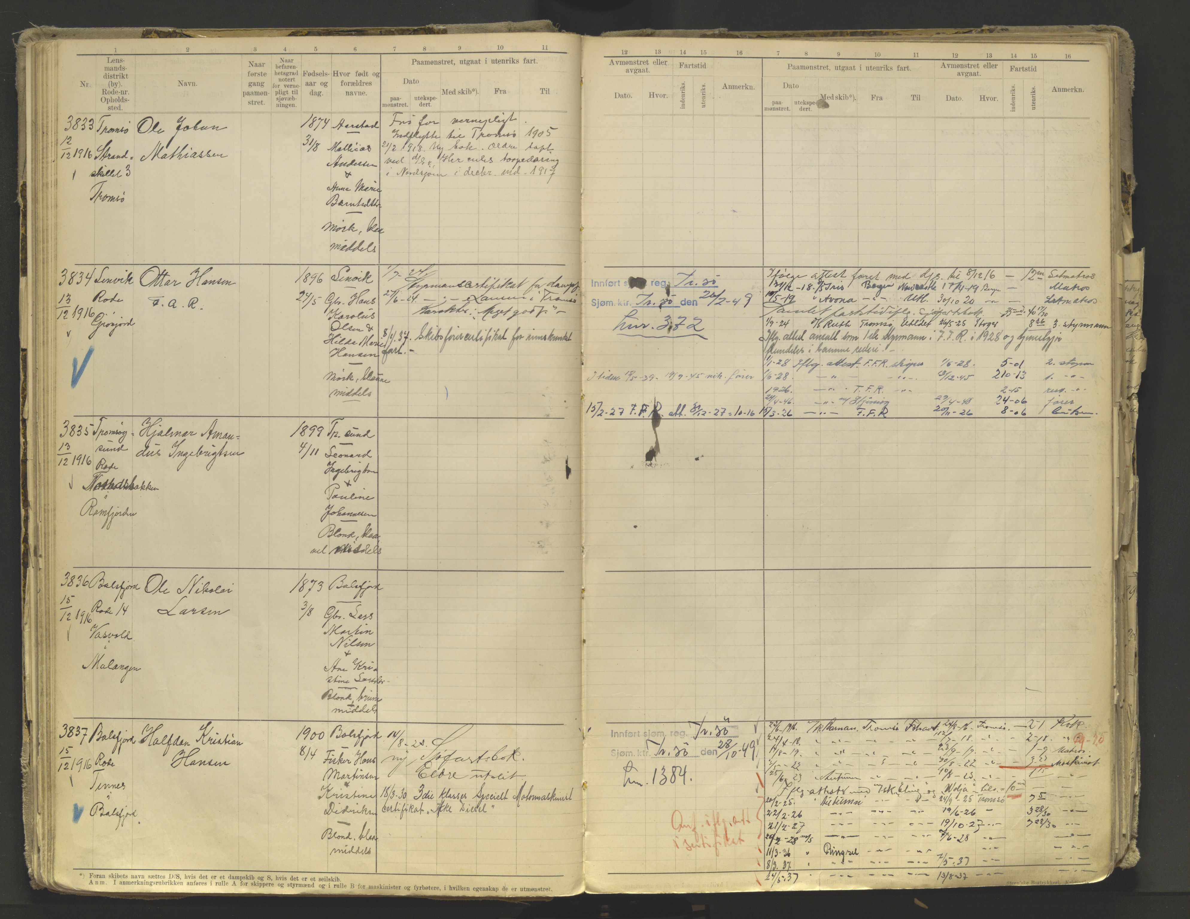 Tromsø sjømannskontor/innrullerings-/mønstringsdistrikt, AV/SATØ-S-0243/F/Fb/L0010: Annotasjonsrulle. Defekt: løs innbinding. Nr. 3519-4972, 1916-1920