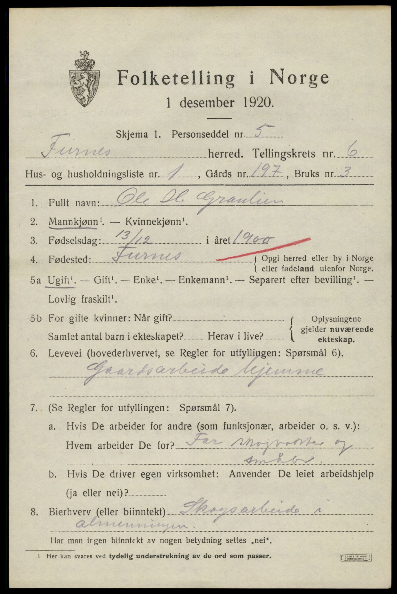 SAH, 1920 census for Furnes, 1920, p. 9623