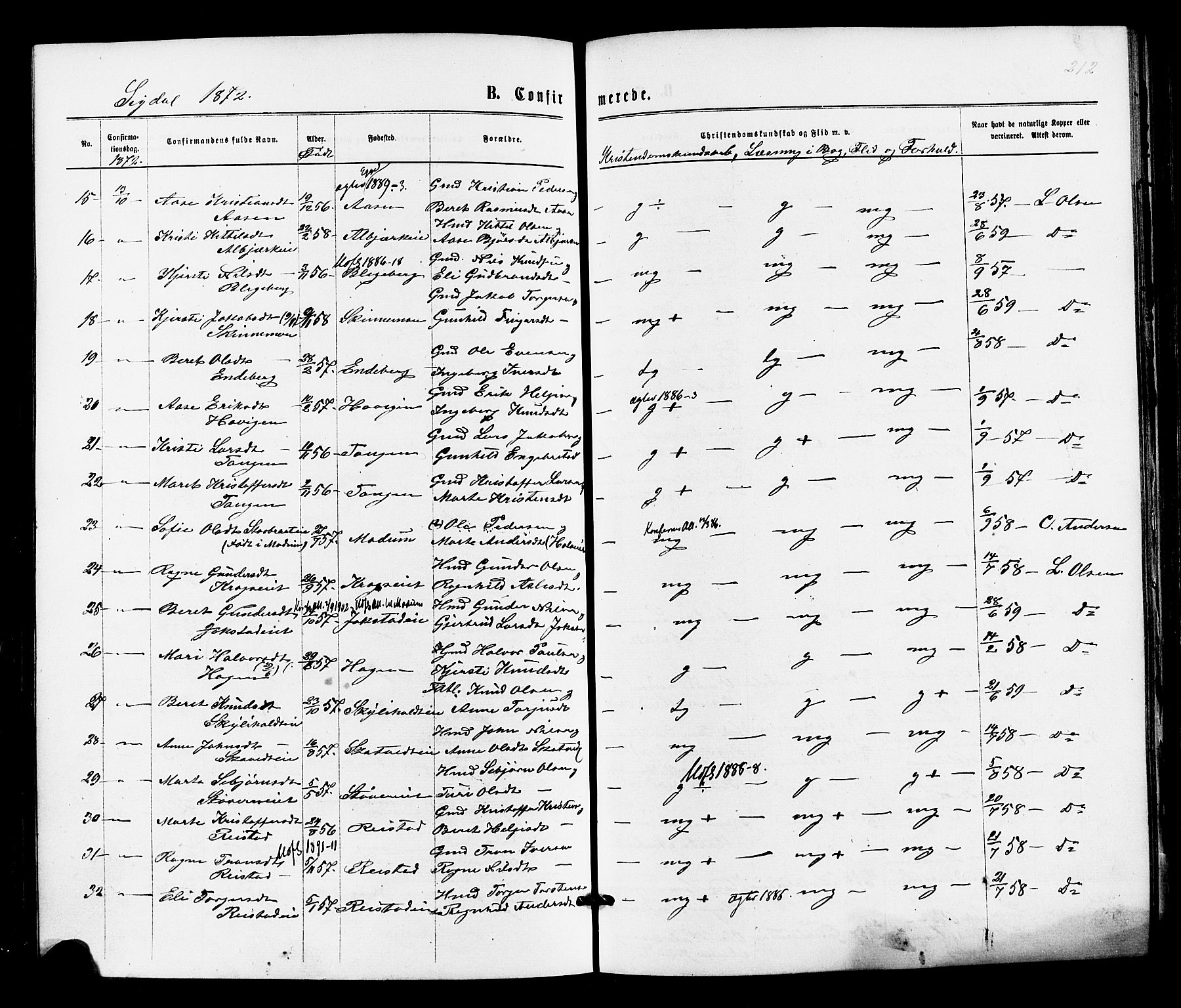 Sigdal kirkebøker, SAKO/A-245/F/Fa/L0010: Parish register (official) no. I 10 /1, 1872-1878, p. 212