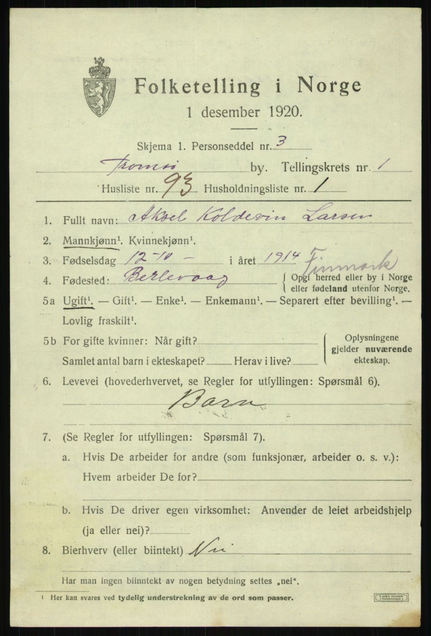 SATØ, 1920 census for Tromsø, 1920, p. 8725