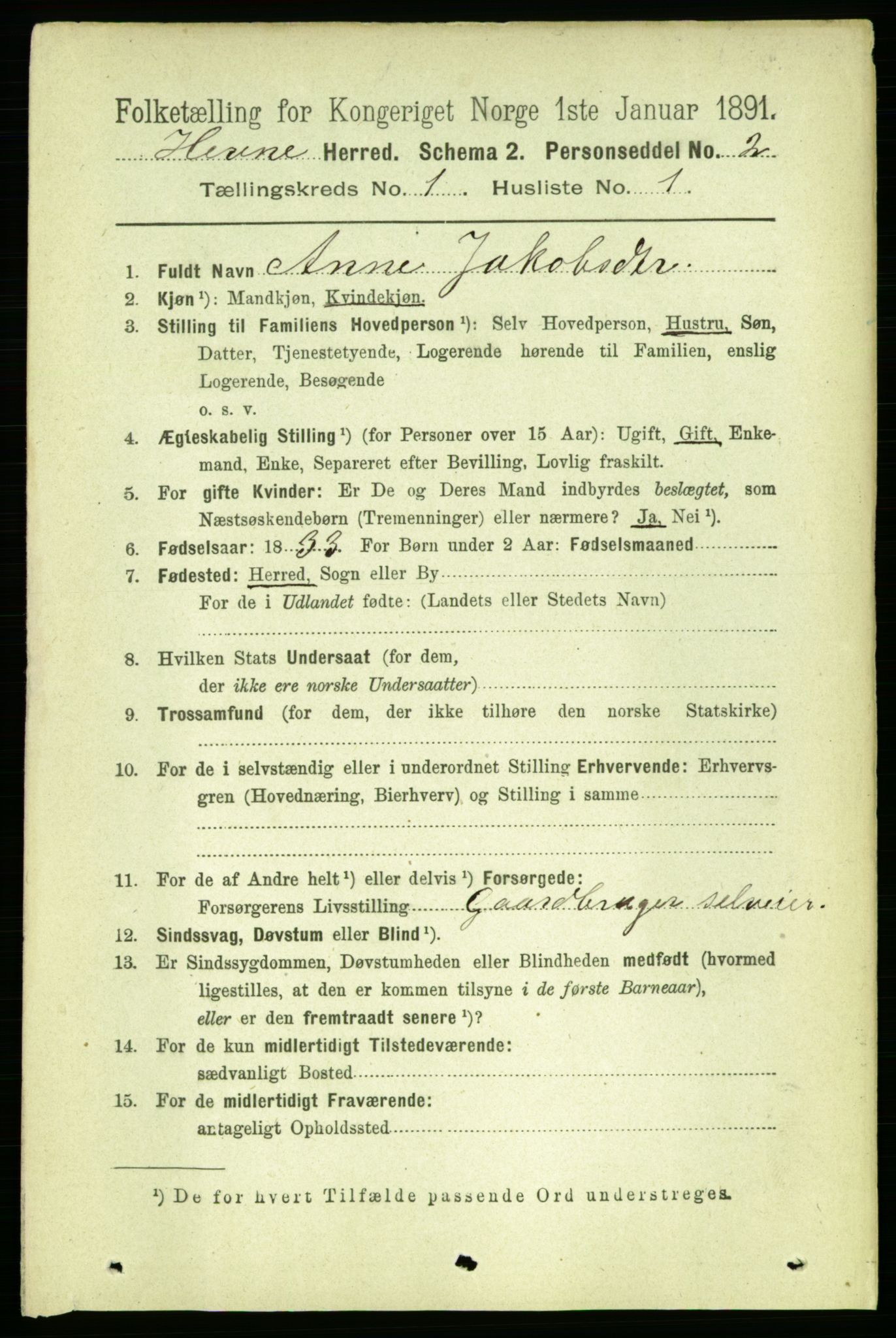 RA, 1891 census for 1612 Hemne, 1891, p. 116