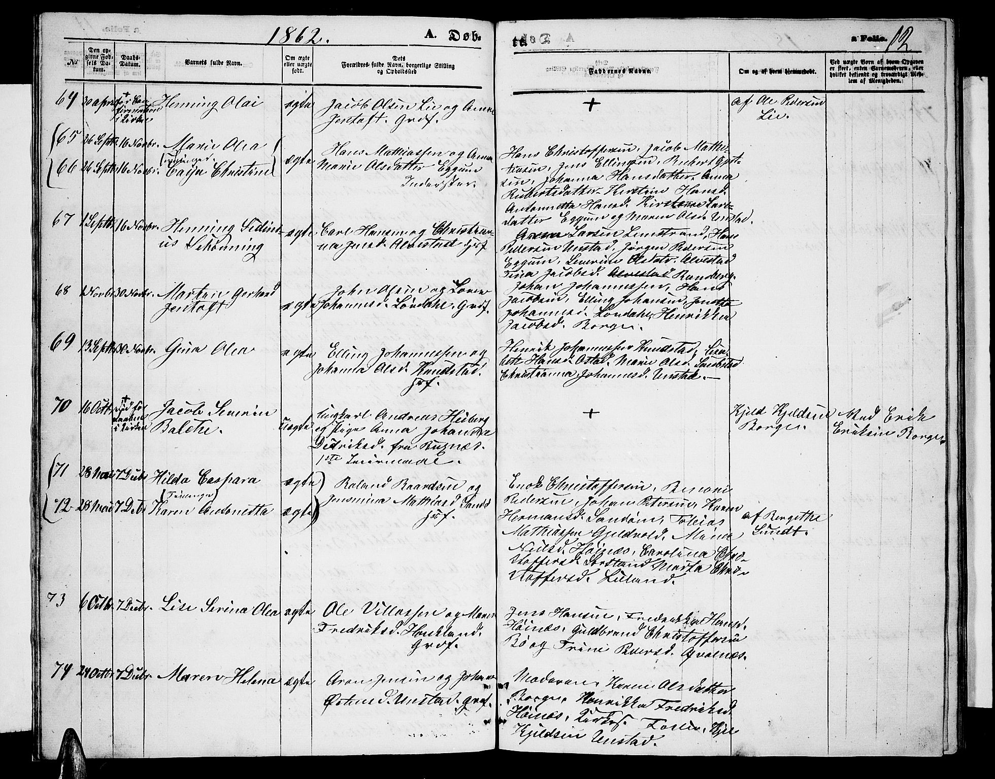 Ministerialprotokoller, klokkerbøker og fødselsregistre - Nordland, AV/SAT-A-1459/880/L1140: Parish register (copy) no. 880C02, 1861-1875, p. 12