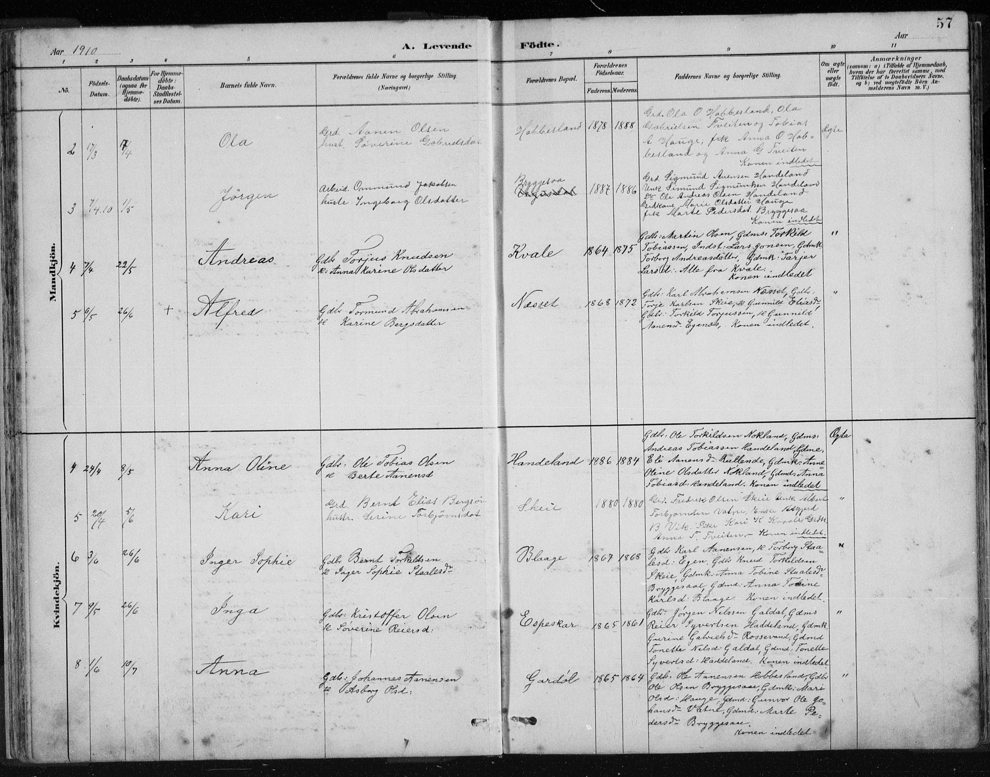 Hægebostad sokneprestkontor, AV/SAK-1111-0024/F/Fb/Fbb/L0003: Parish register (copy) no. B 3, 1887-1937, p. 57