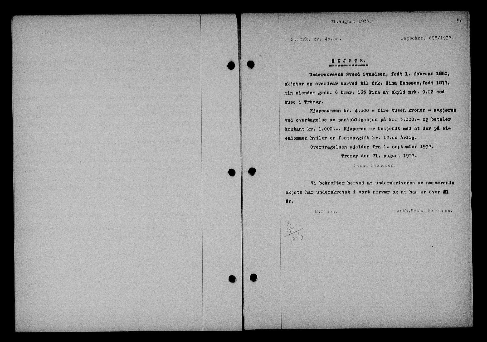Nedenes sorenskriveri, SAK/1221-0006/G/Gb/Gba/L0044: Mortgage book no. 40, 1937-1938, Diary no: : 698/1937