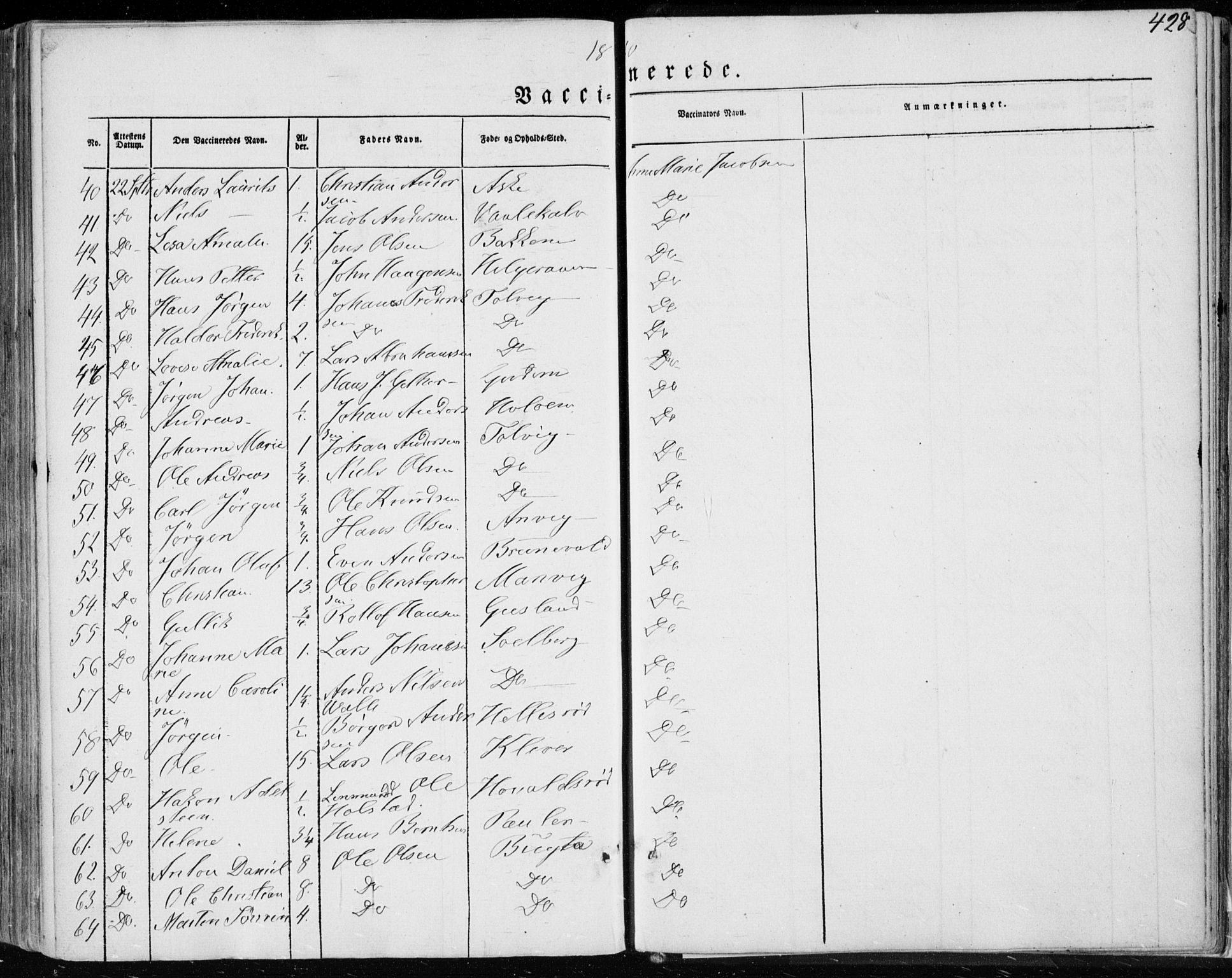 Brunlanes kirkebøker, SAKO/A-342/F/Fa/L0004: Parish register (official) no. I 4, 1846-1862, p. 428