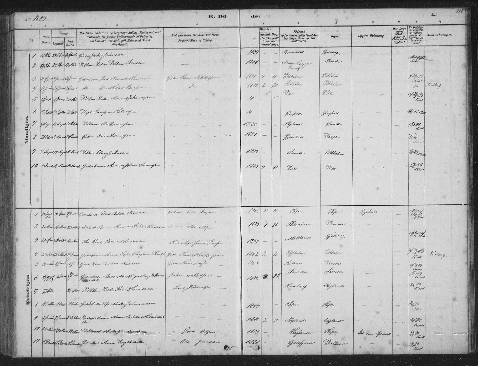 Tysnes sokneprestembete, SAB/A-78601/H/Hab: Parish register (copy) no. B 2, 1878-1918, p. 328