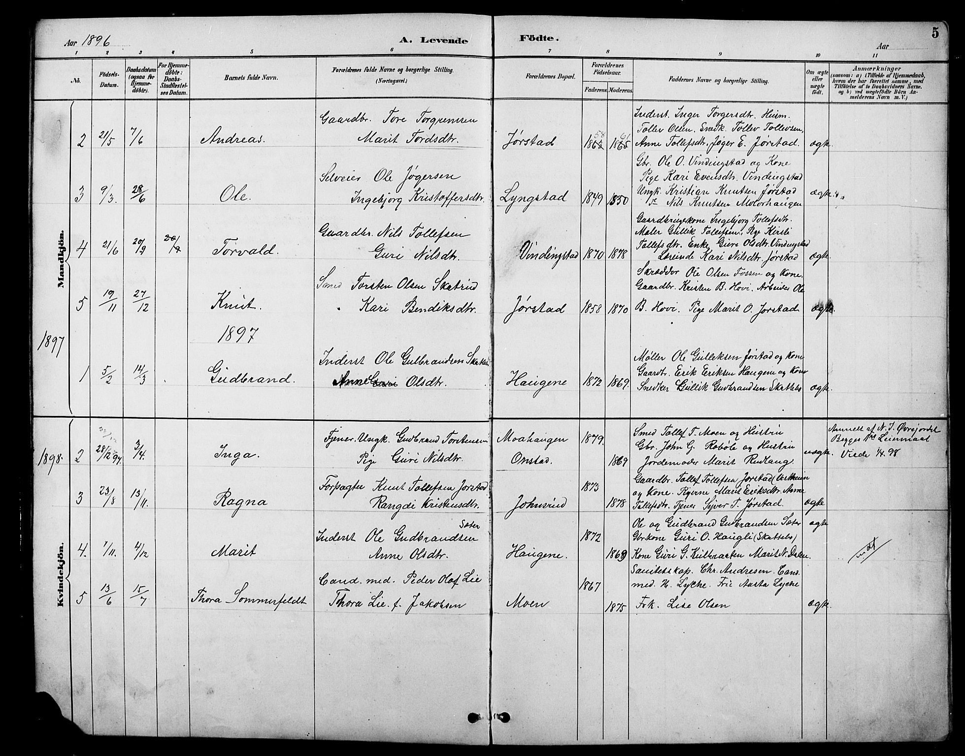 Øystre Slidre prestekontor, SAH/PREST-138/H/Ha/Hab/L0006: Parish register (copy) no. 6, 1887-1916, p. 5