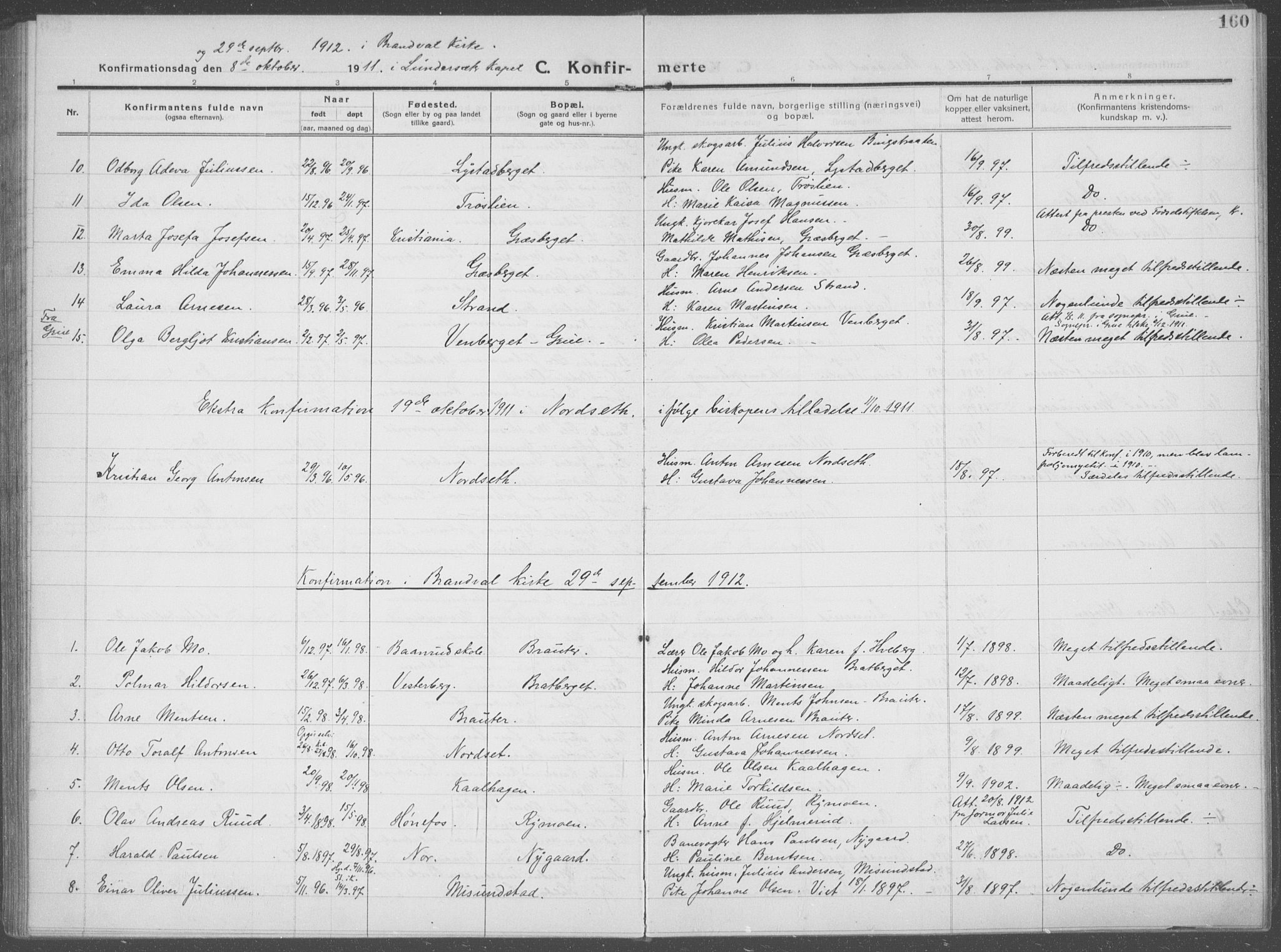 Brandval prestekontor, SAH/PREST-034/H/Ha/Haa/L0004: Parish register (official) no. 4, 1910-1924, p. 160
