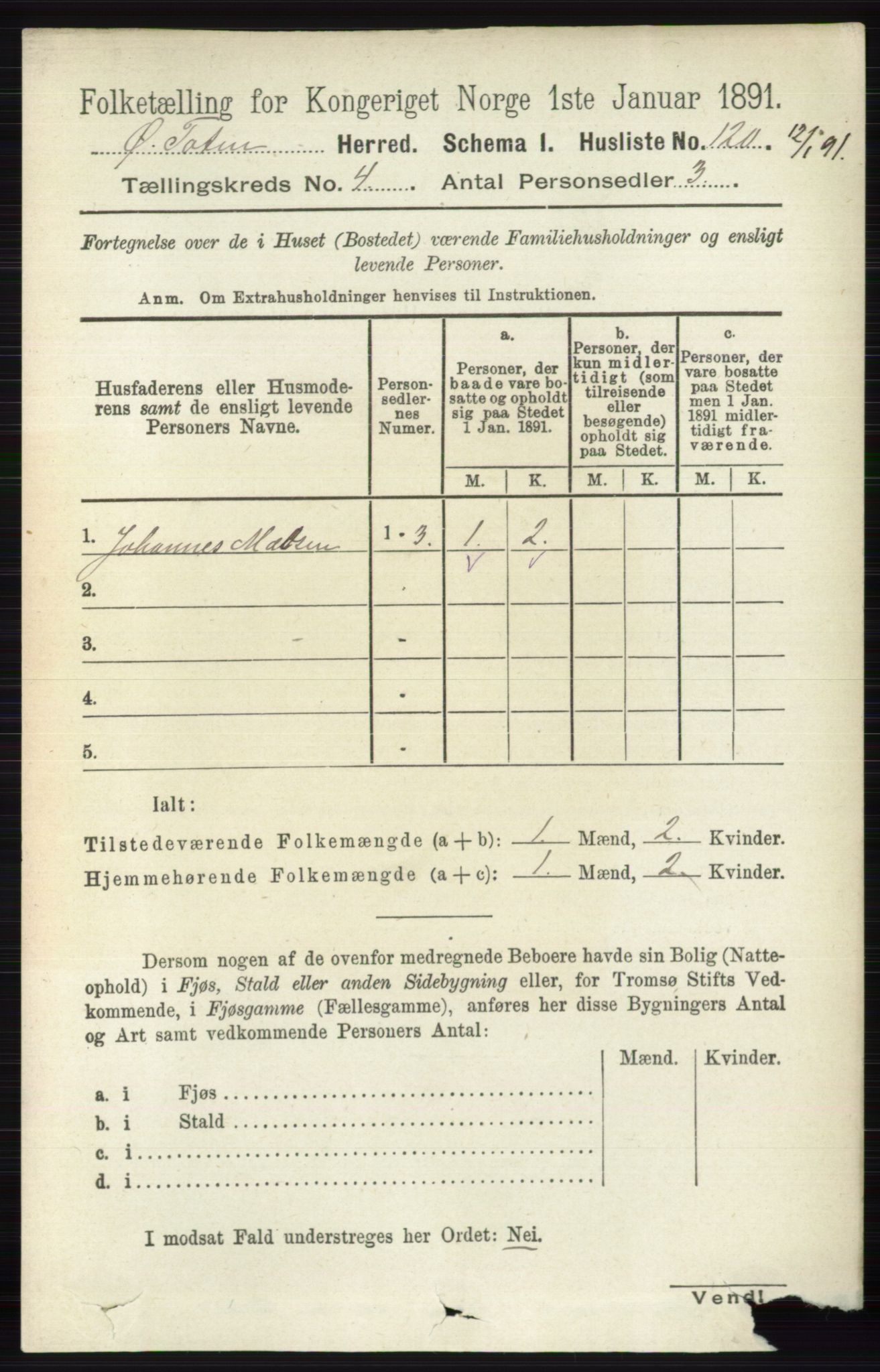 RA, 1891 census for 0528 Østre Toten, 1891, p. 2377