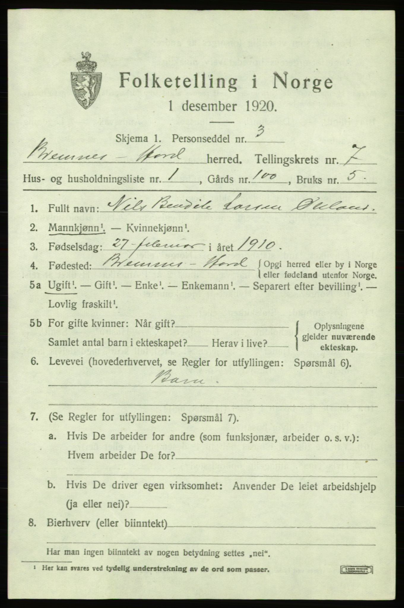 SAB, 1920 census for Bremnes, 1920, p. 4012