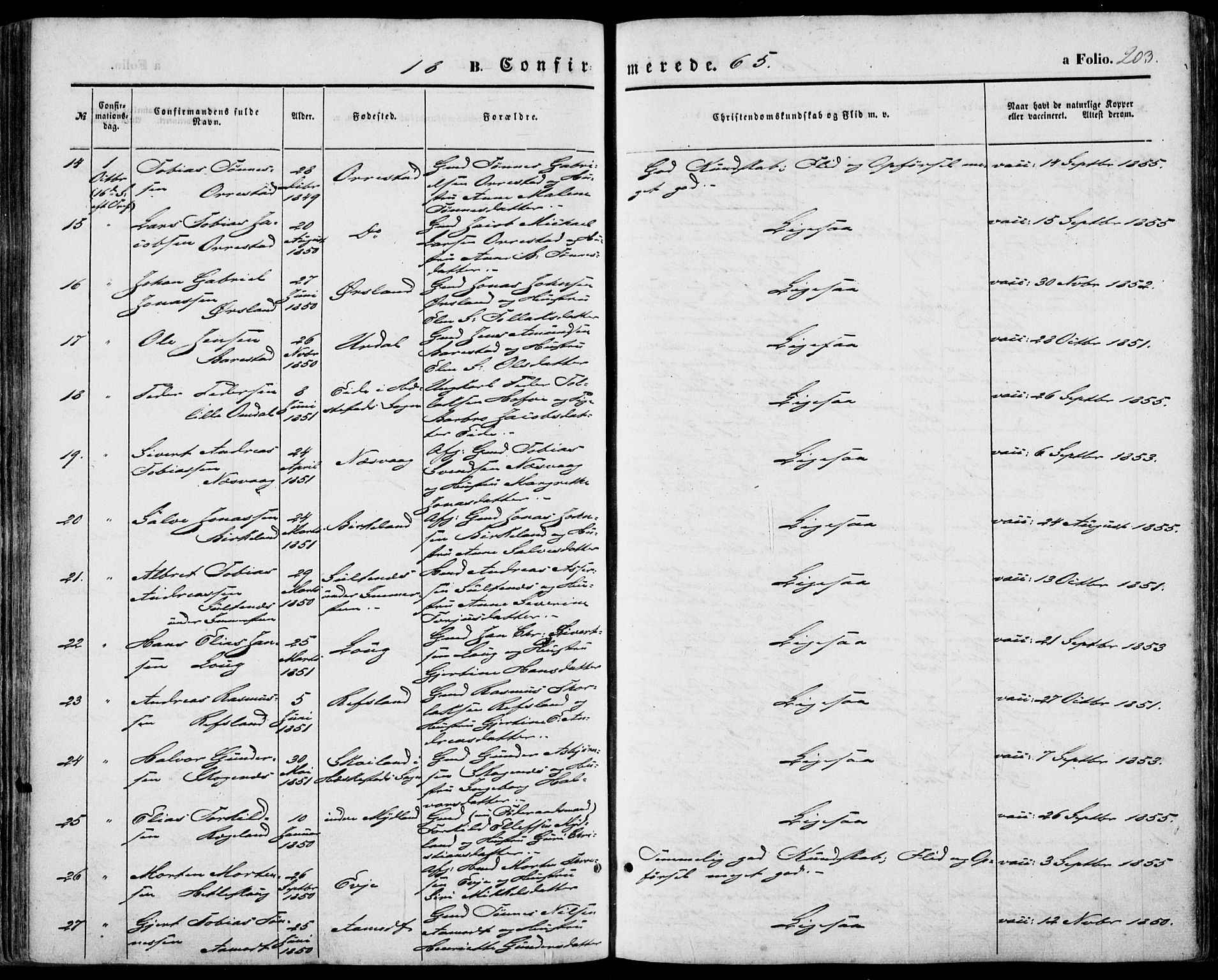 Sokndal sokneprestkontor, AV/SAST-A-101808: Parish register (official) no. A 9, 1857-1874, p. 203
