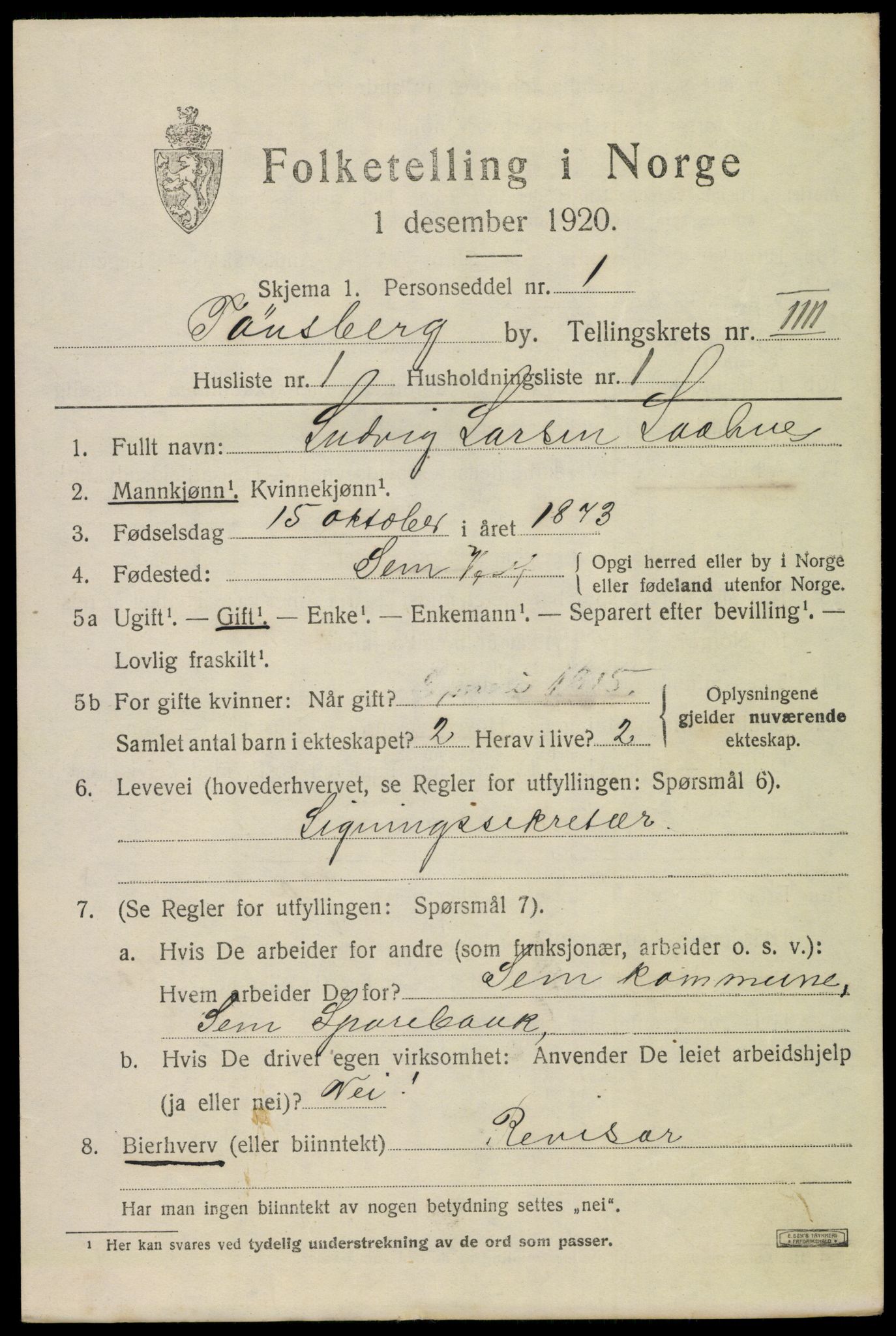 SAKO, 1920 census for Tønsberg, 1920, p. 12003