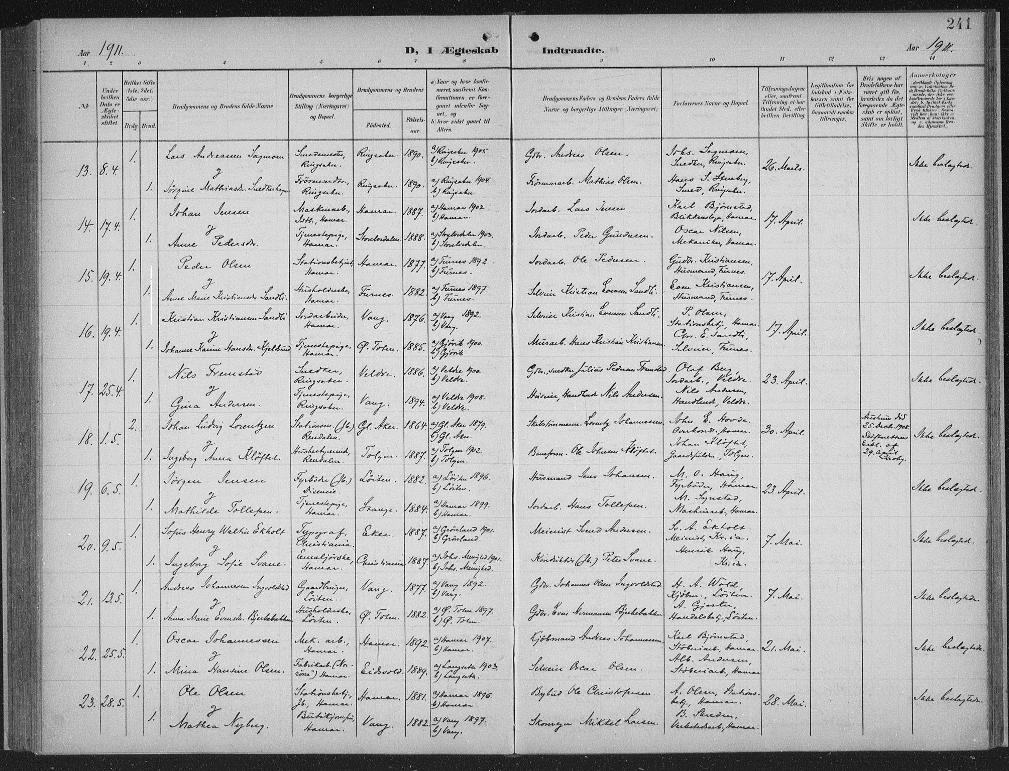 Hamar prestekontor, AV/SAH-DOMPH-002/H/Ha/Haa/L0001: Parish register (official) no. 1, 1900-1914, p. 241