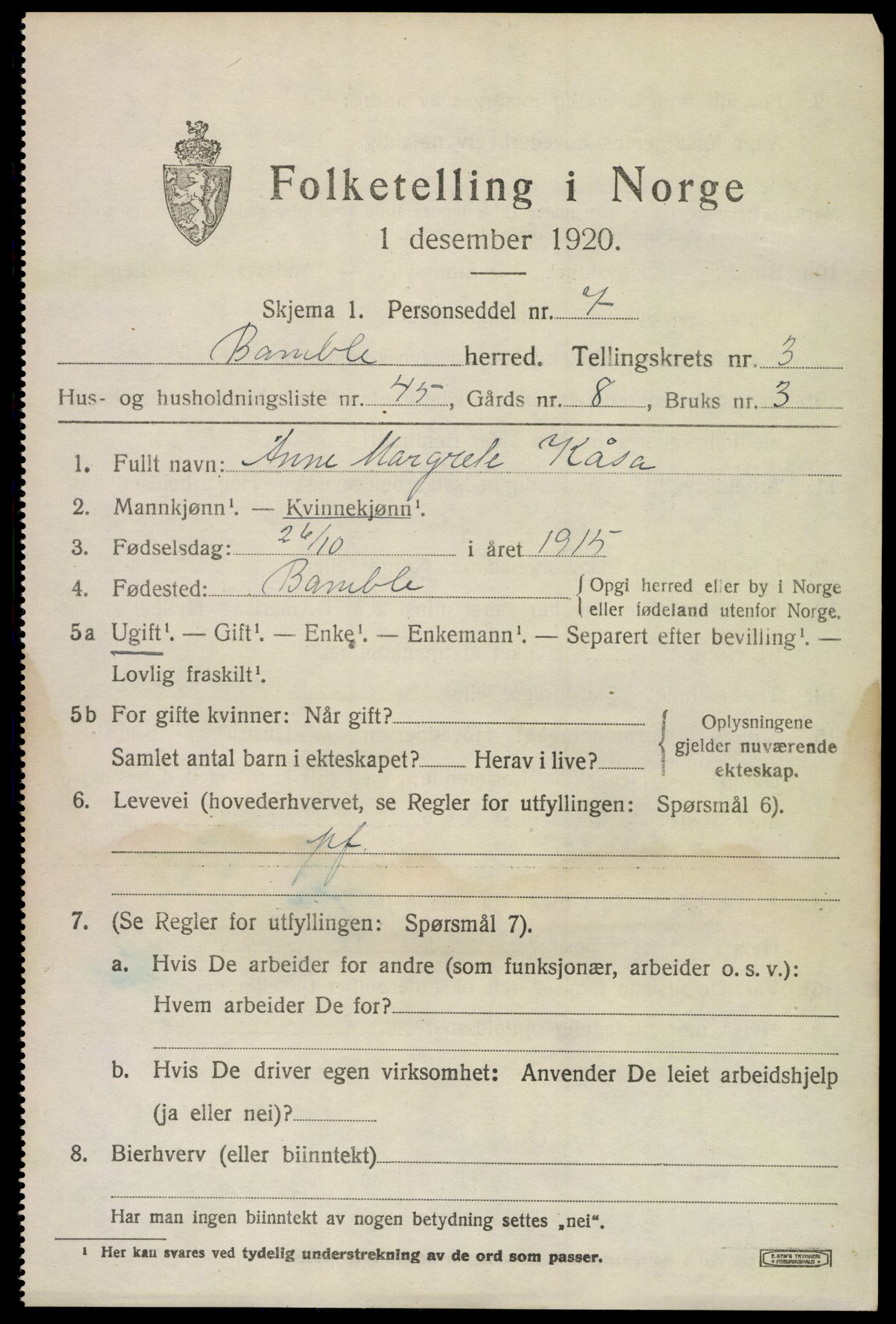 SAKO, 1920 census for Bamble, 1920, p. 4295