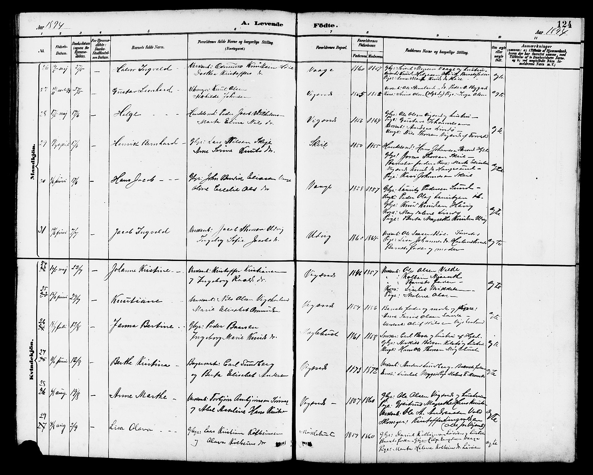 Avaldsnes sokneprestkontor, SAST/A -101851/H/Ha/Hab/L0007: Parish register (copy) no. B 7, 1885-1909, p. 124