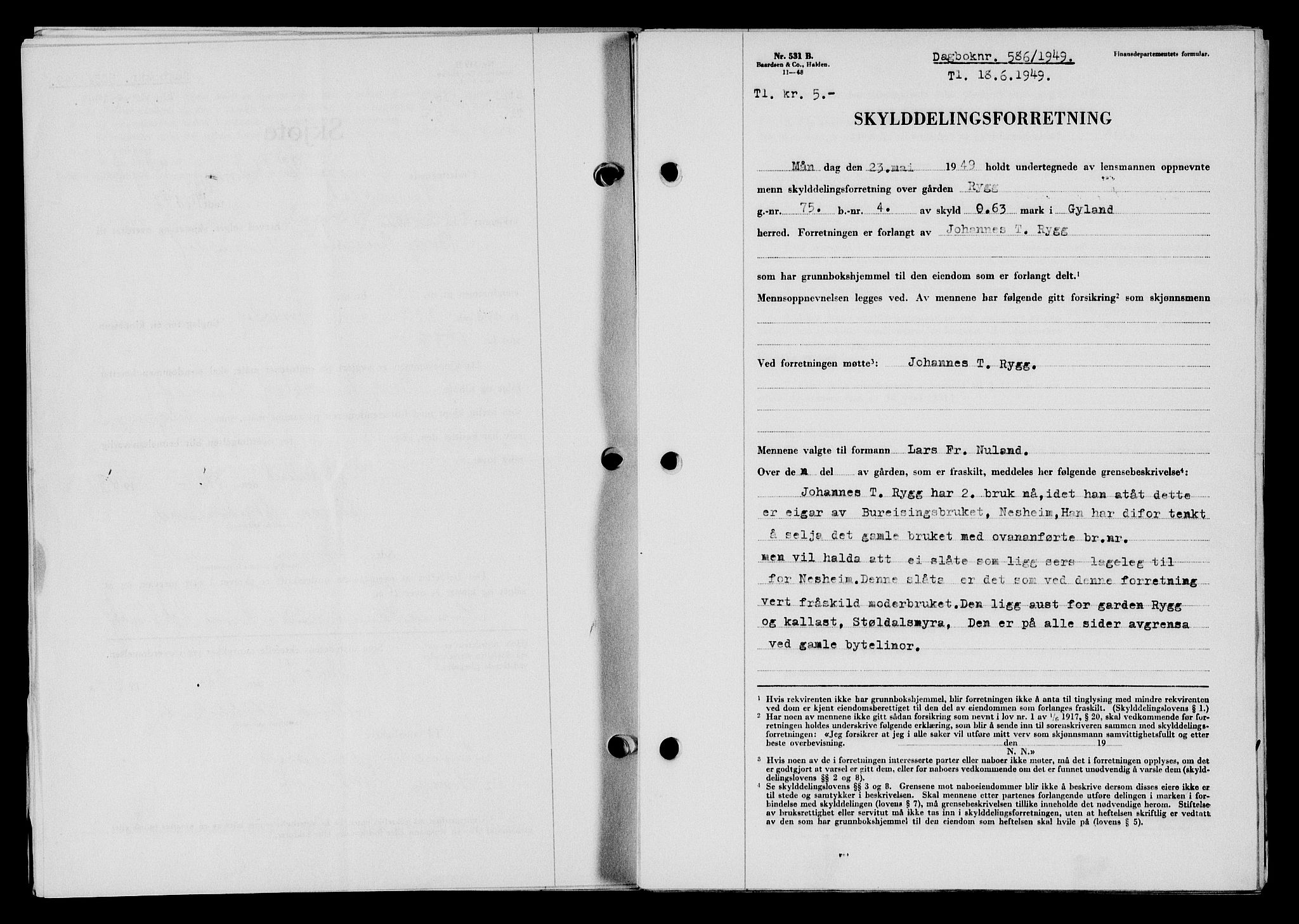 Flekkefjord sorenskriveri, SAK/1221-0001/G/Gb/Gba/L0065: Mortgage book no. A-13, 1949-1949, Diary no: : 586/1949