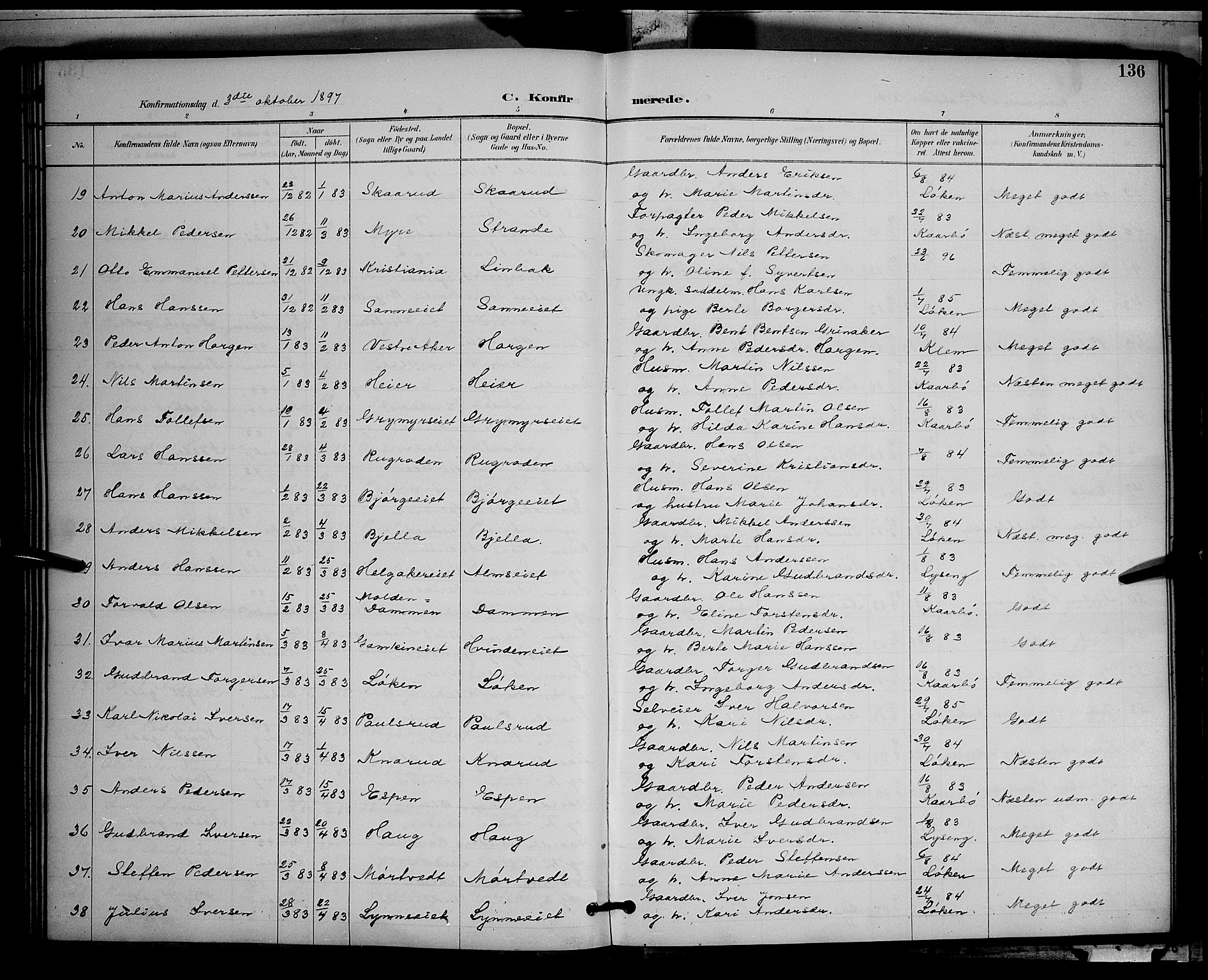 Gran prestekontor, AV/SAH-PREST-112/H/Ha/Hab/L0005: Parish register (copy) no. 5, 1892-1900, p. 136