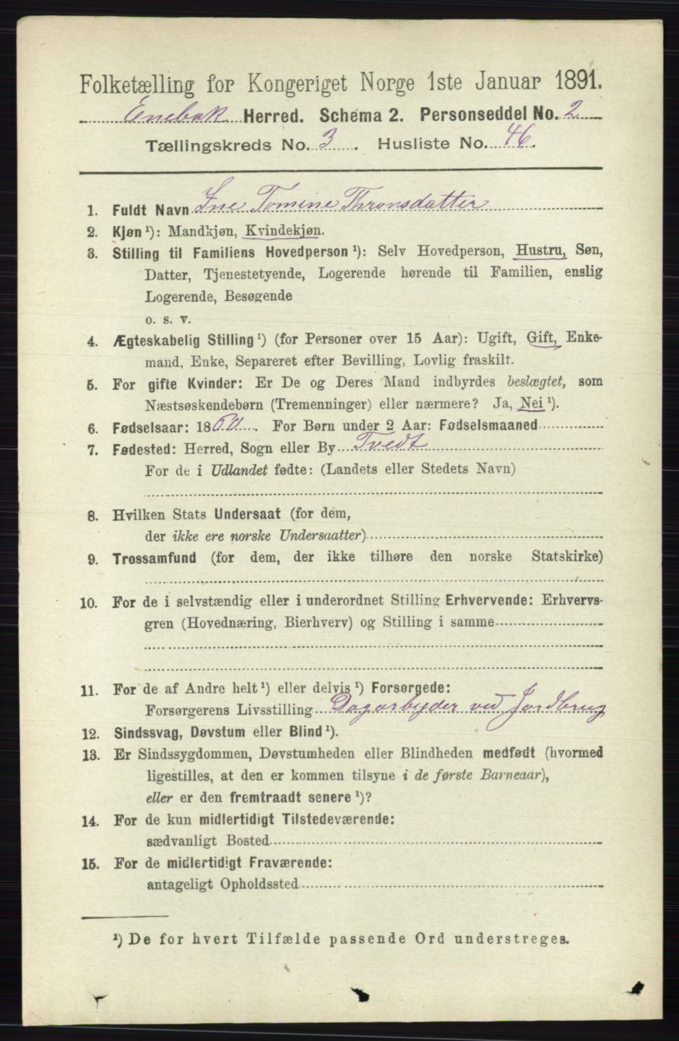 RA, 1891 census for 0229 Enebakk, 1891, p. 1407