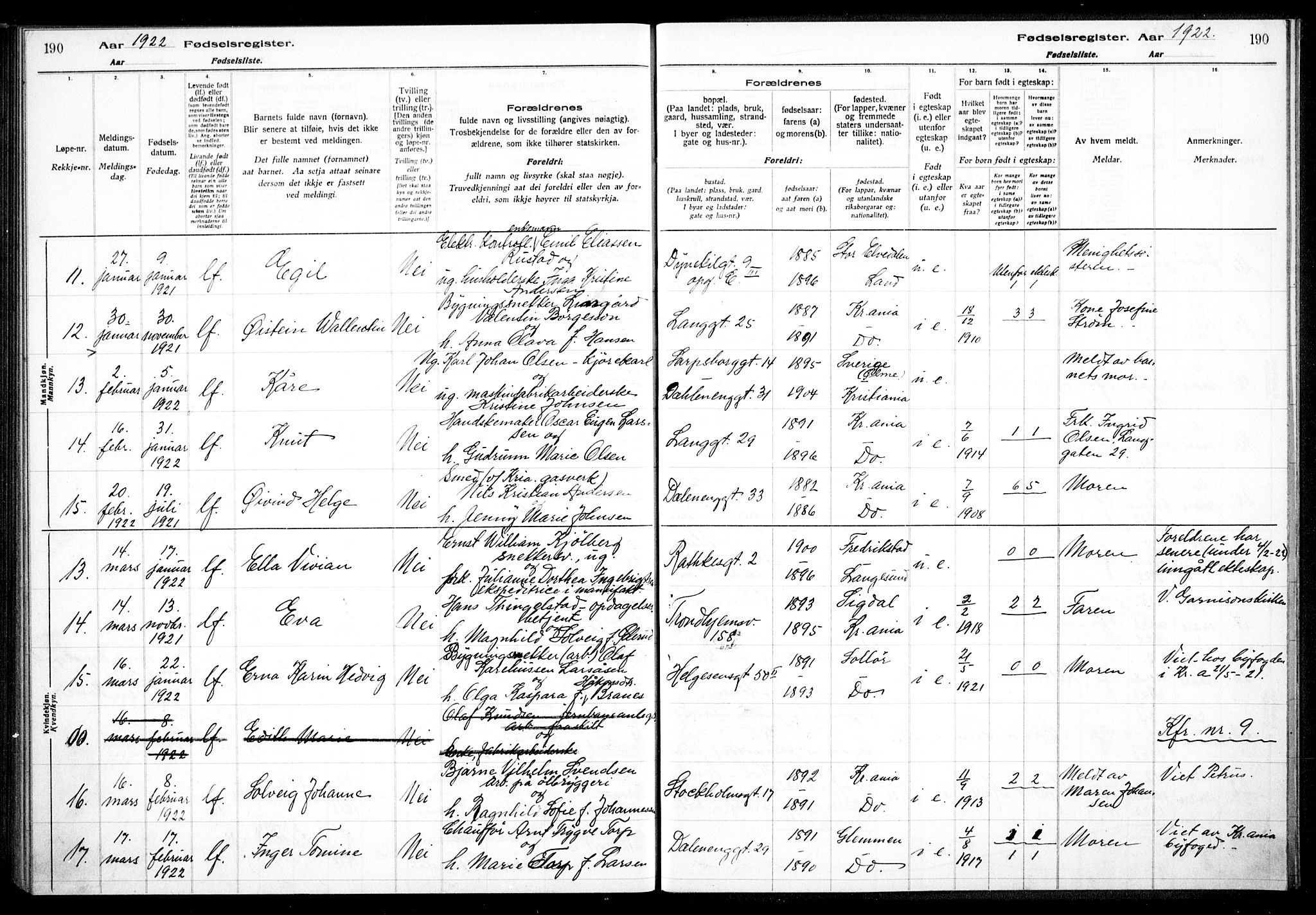 Petrus prestekontor Kirkebøker, AV/SAO-A-10872/J/Ja/L0001: Birth register no. 1, 1916-1922, p. 190