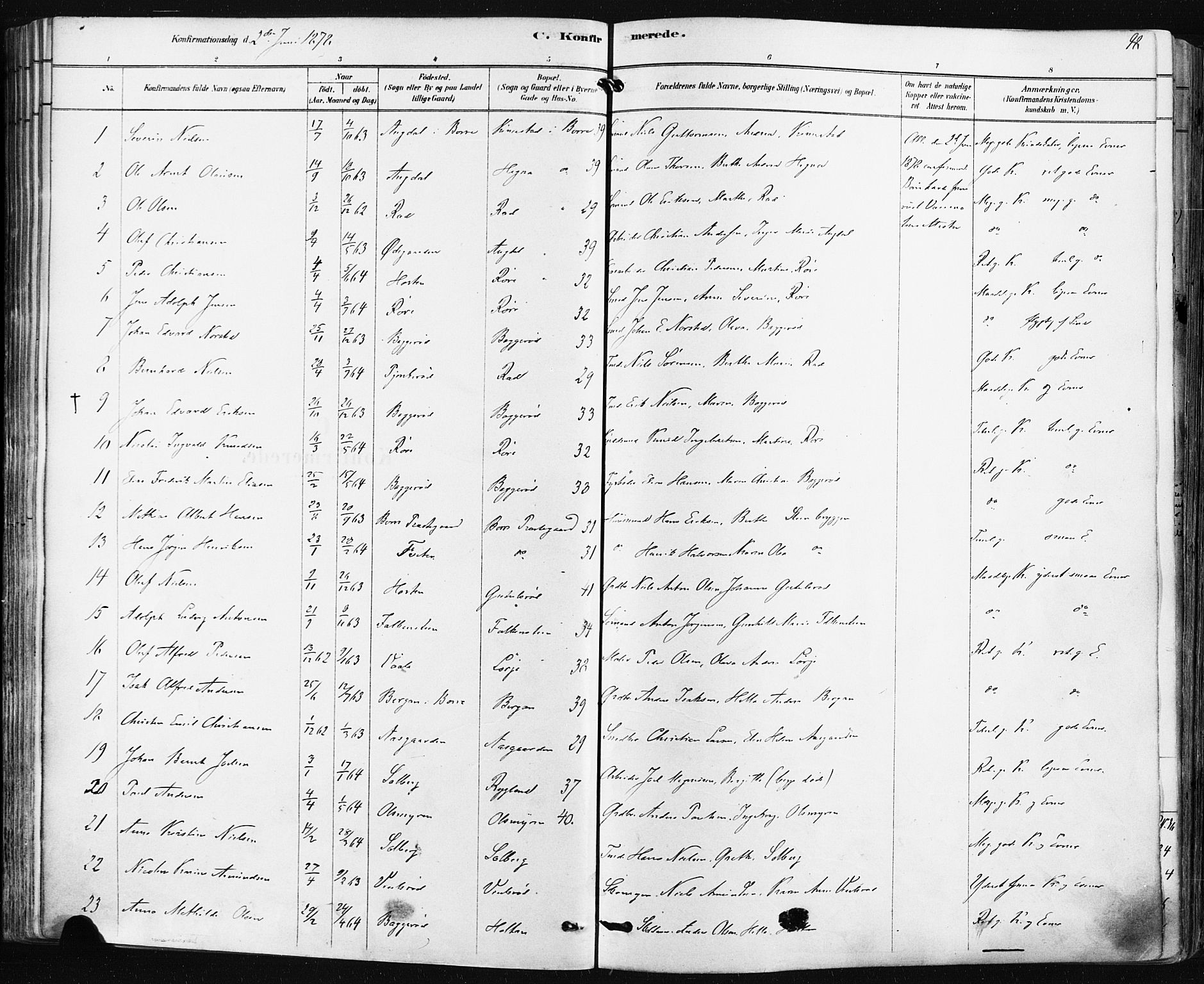 Borre kirkebøker, SAKO/A-338/F/Fa/L0009: Parish register (official) no. I 9, 1878-1896, p. 98